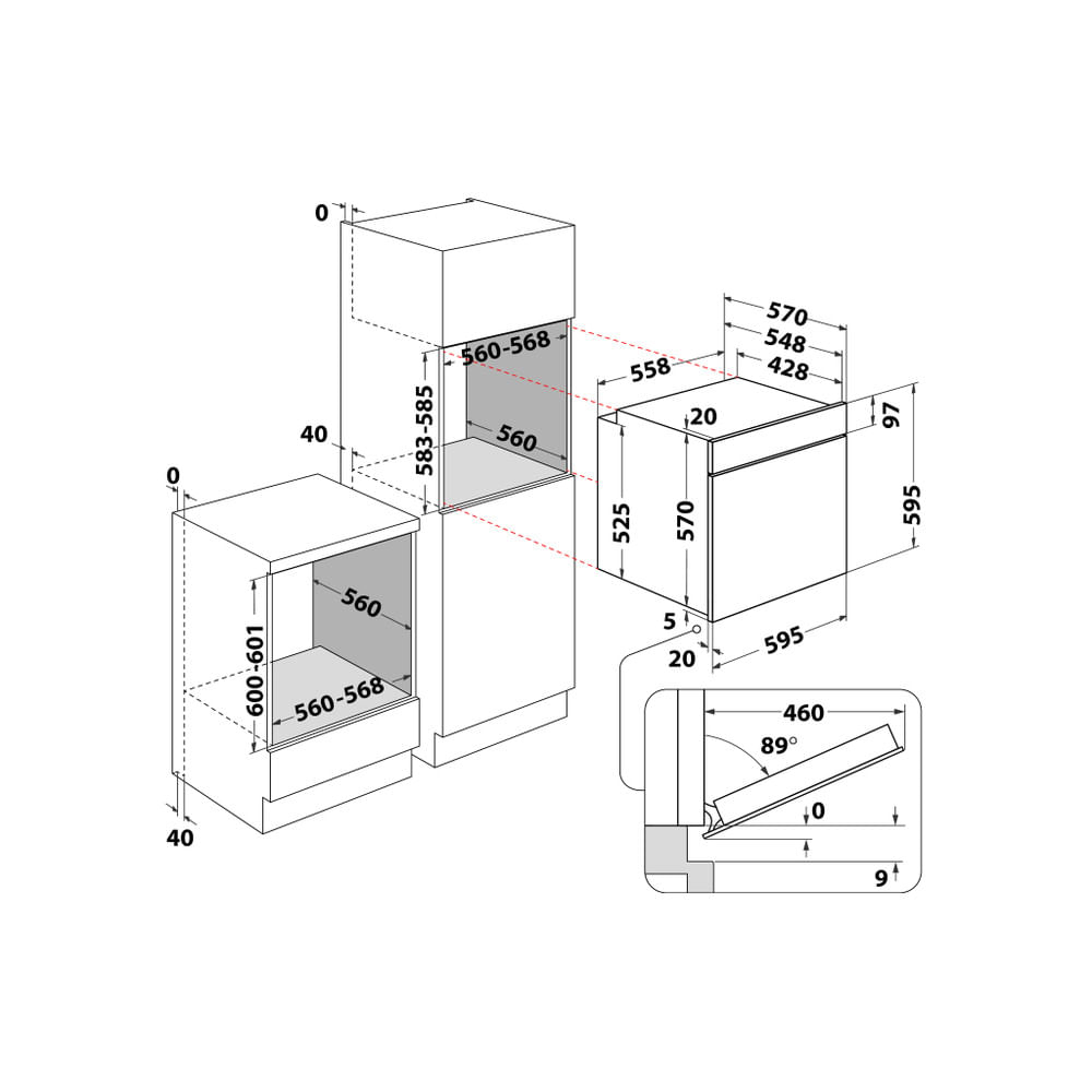 Diagramma del forno a incasso. Varie dimensioni e misure sono indicate sul forno.