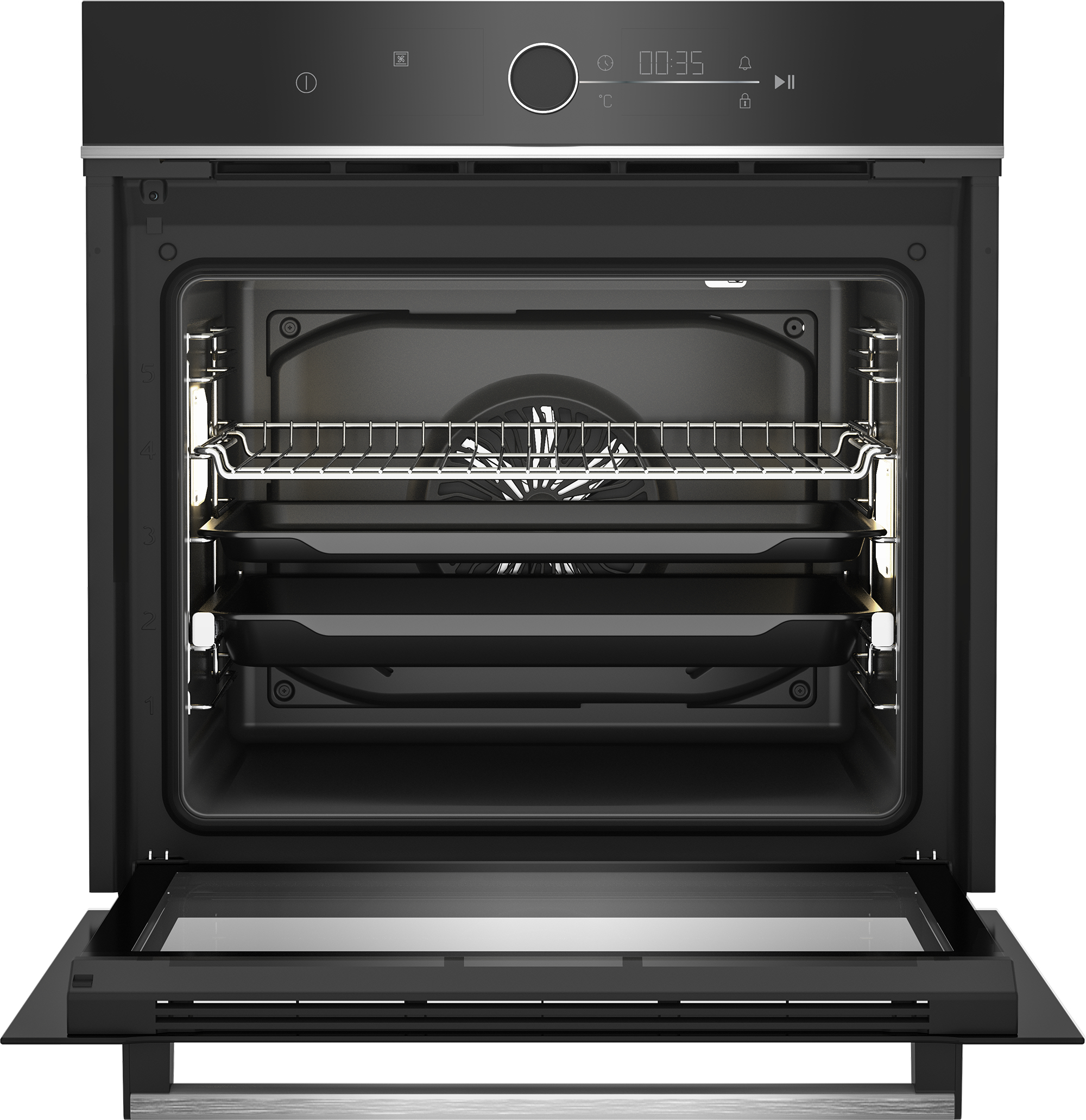 Primo piano di un forno, con la porta aperta, che mostra ripiani e dettagli interni.