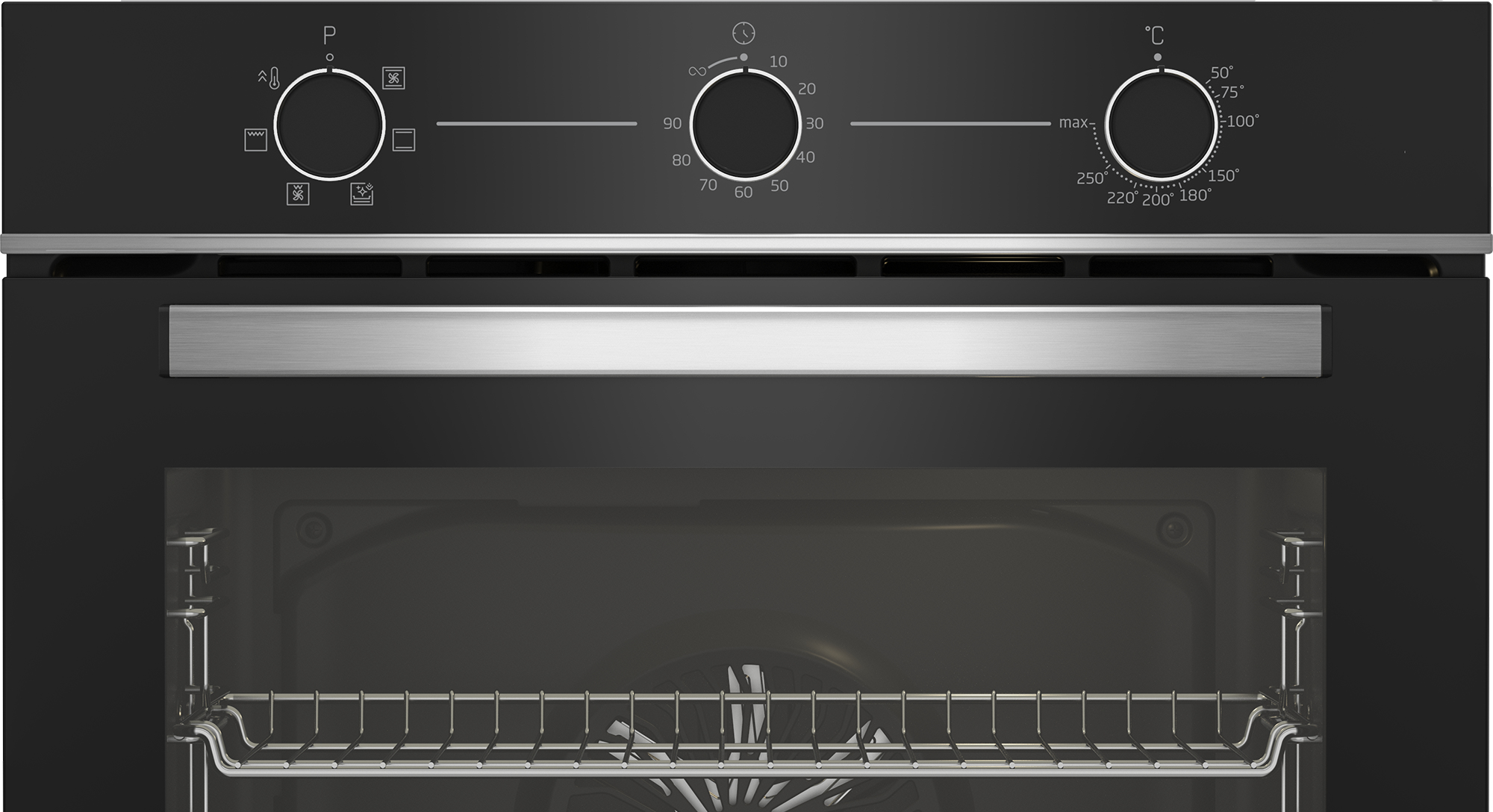 Primo piano del pannello di controllo del forno con manopole e impostazioni di temperatura.