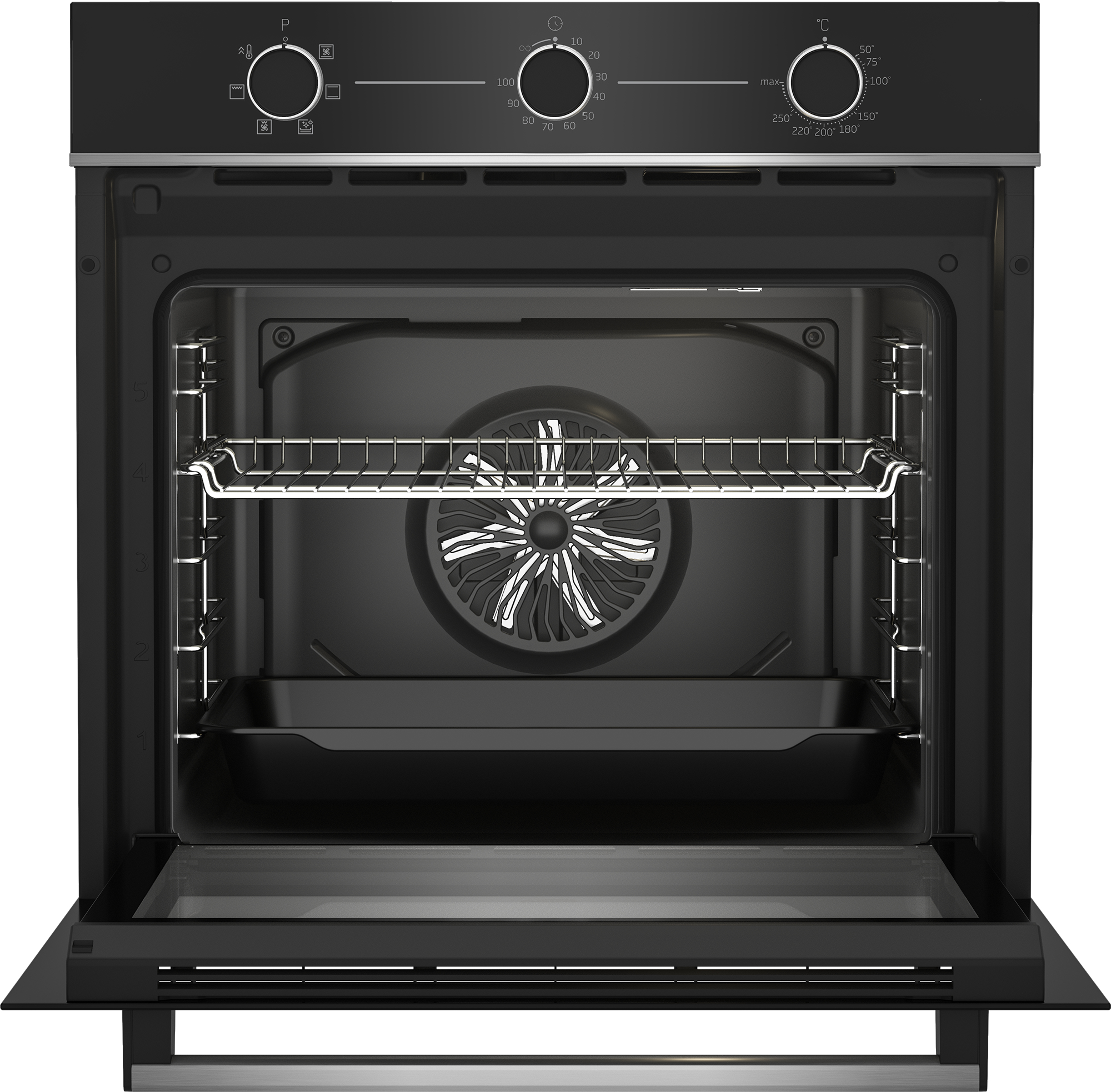 Interno forno nero, con ventola e ripiani visibili, porta aperta.