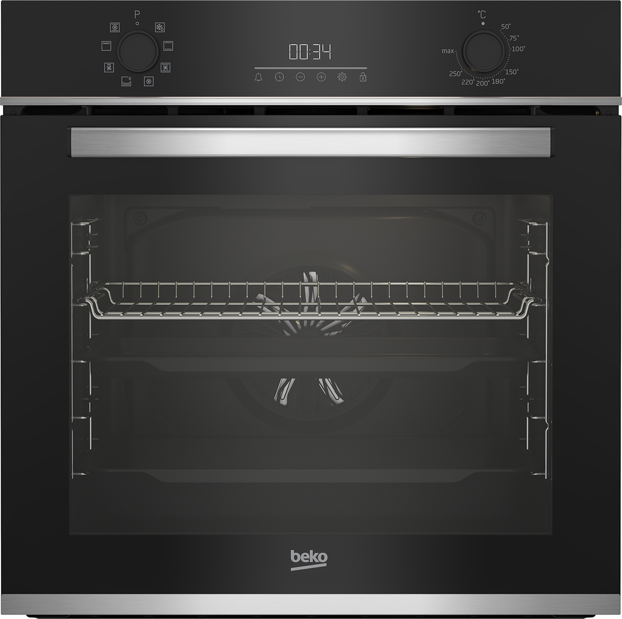 Forno nero. Display digitale e manopole in alto. Porta a vetro. Marchio Beko.