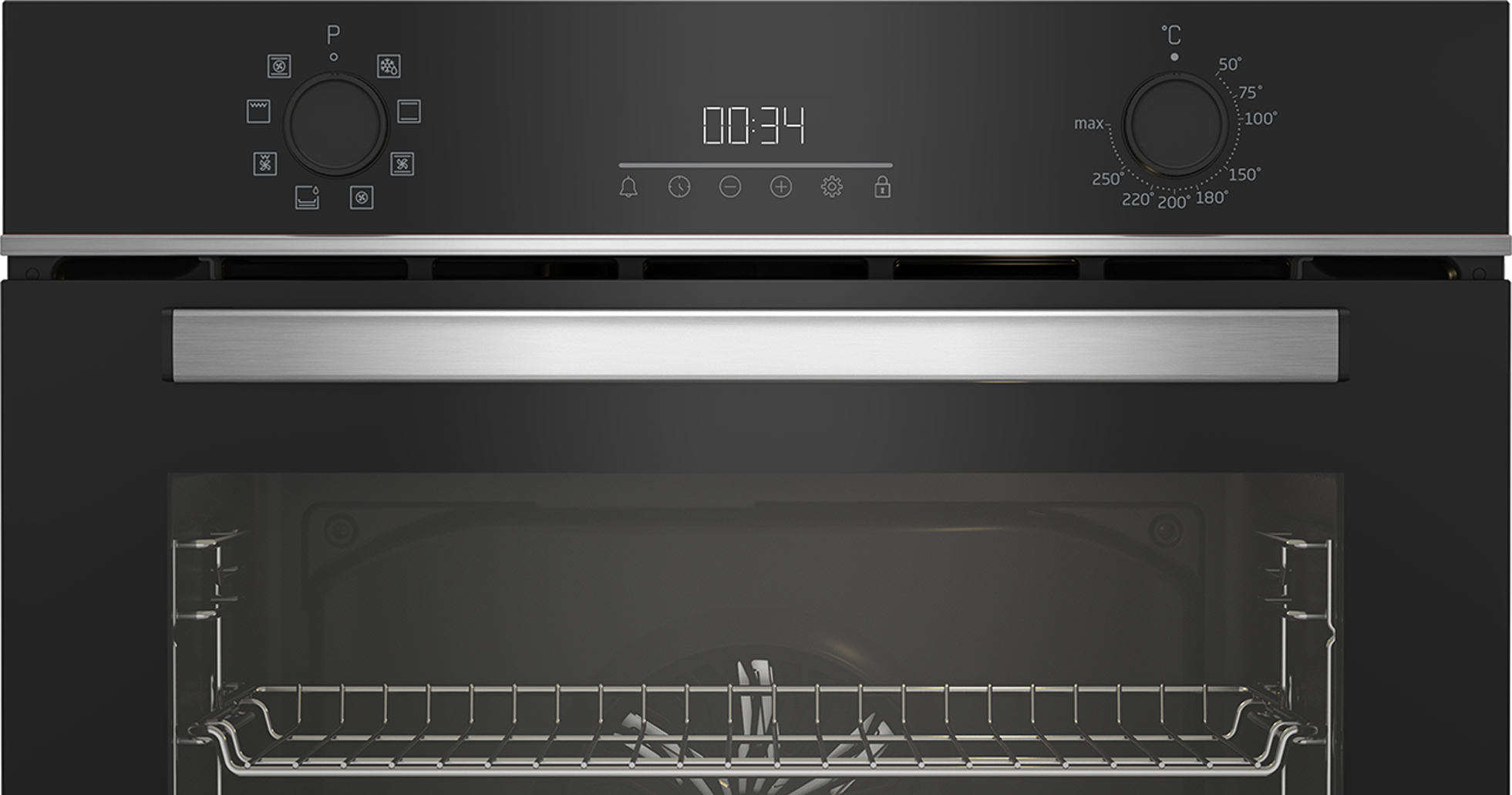 Forno nero con display digitale 00:34. Manopole per impostazioni, manopola della temperatura e griglia interna visibili.