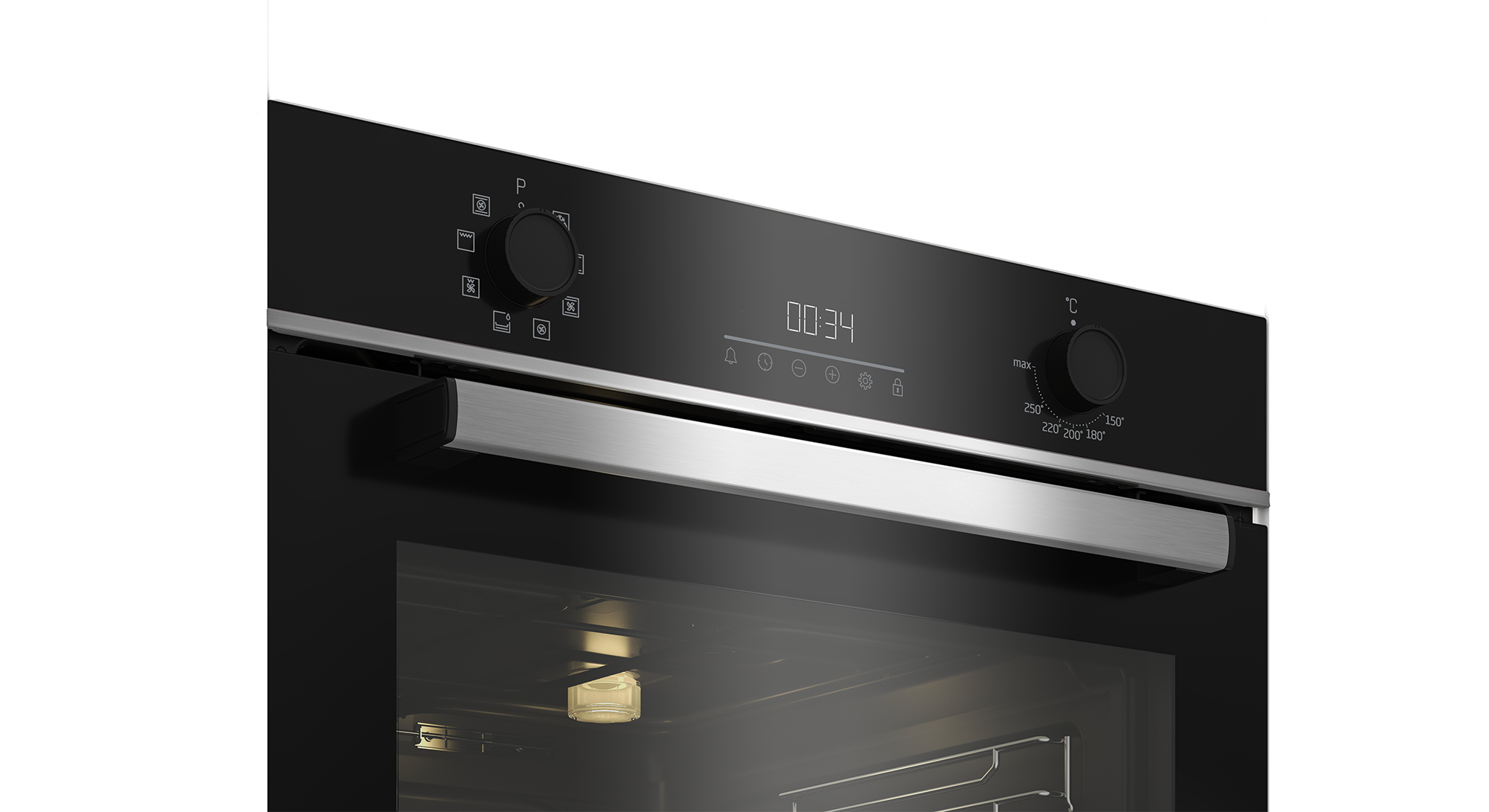 Primo piano dei comandi e display del forno Beko. Mostra impostazioni.