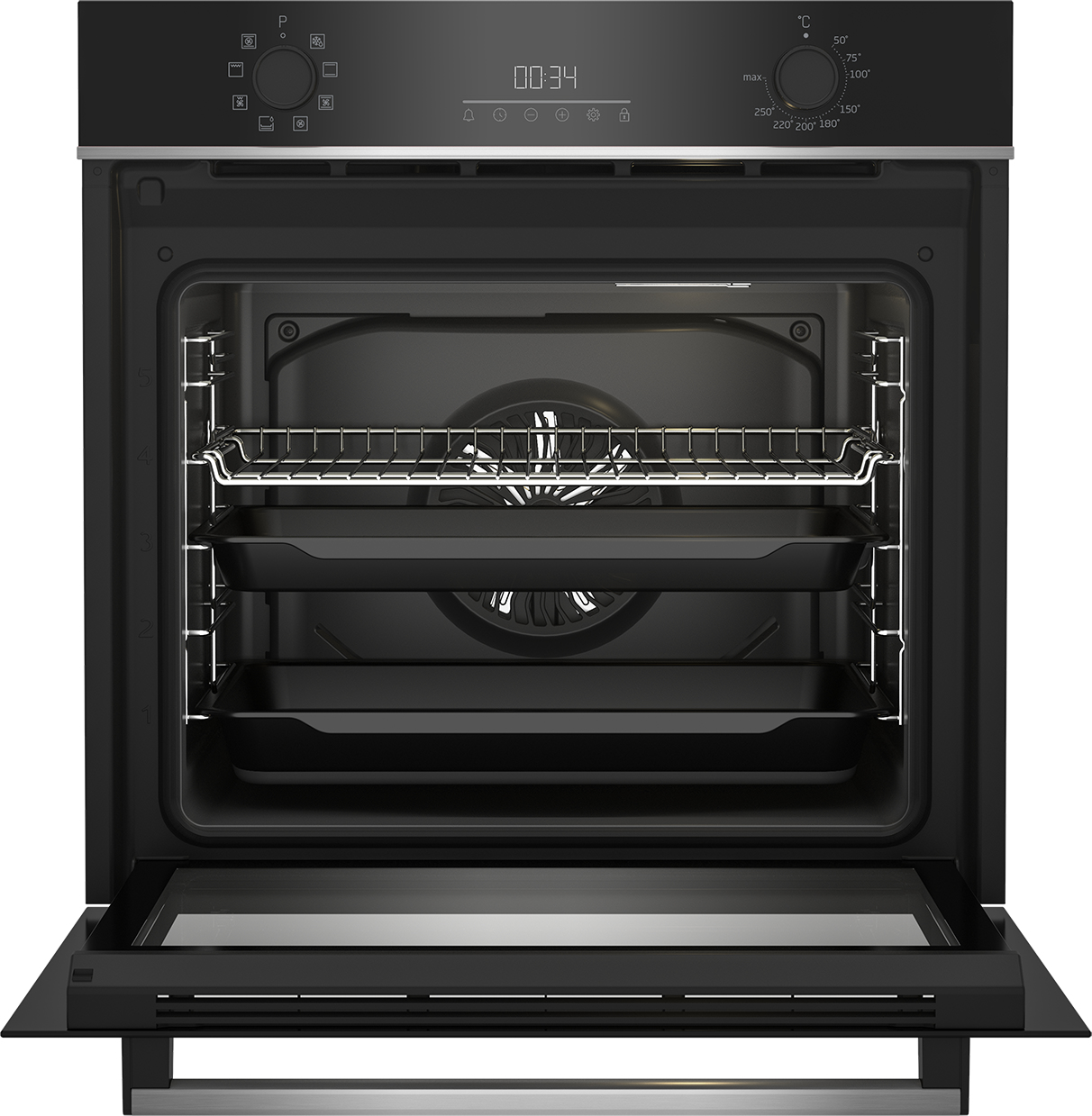 Forno con porta aperta e teglie all'interno. Display digitale e pannello di controllo in alto.
