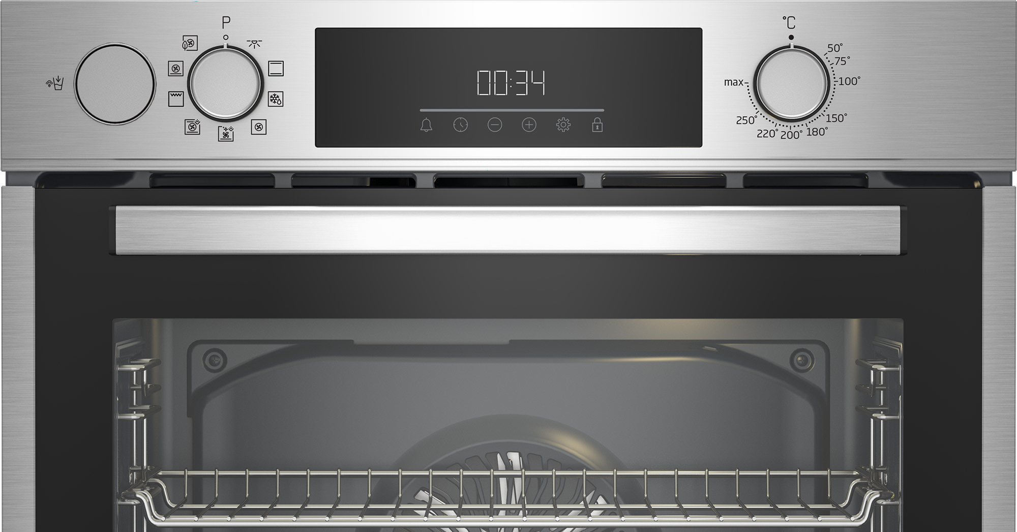Primo piano del pannello di controllo del forno con timer, controlli della temperatura e pulsanti.