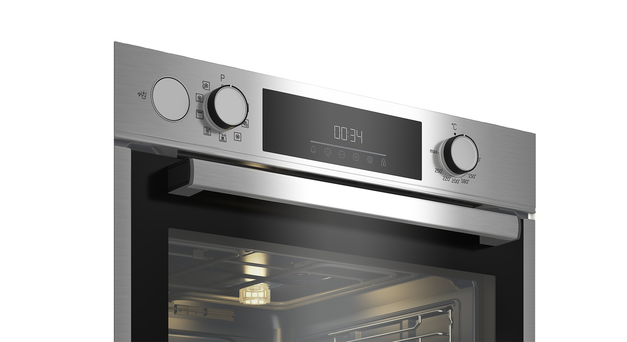 Primo piano dei controlli del forno. Display digitale e manopole. Finitura in acciaio inossidabile.