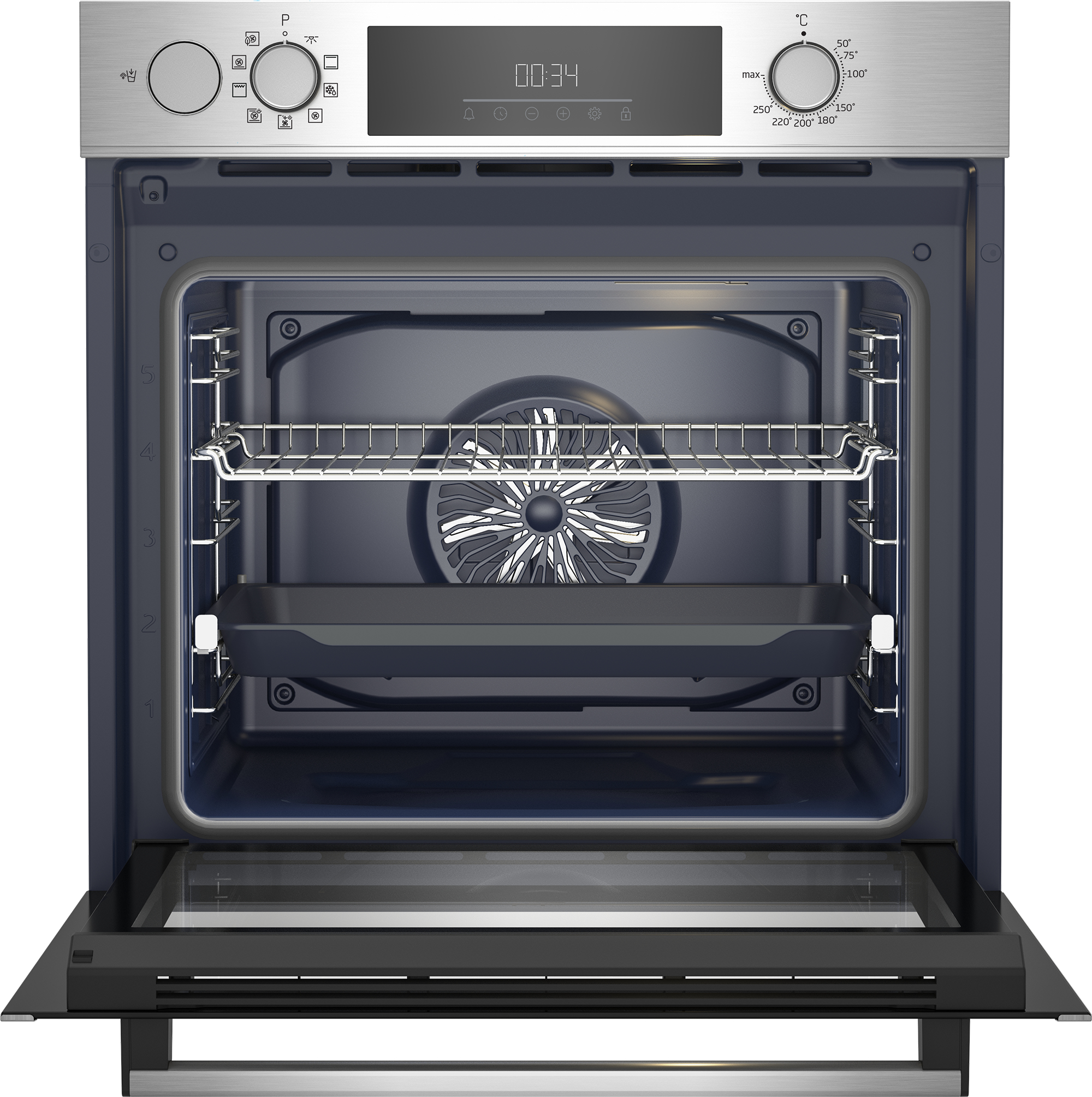 Forno aperto, interno con ventola, griglie e display. Design argento e nero.