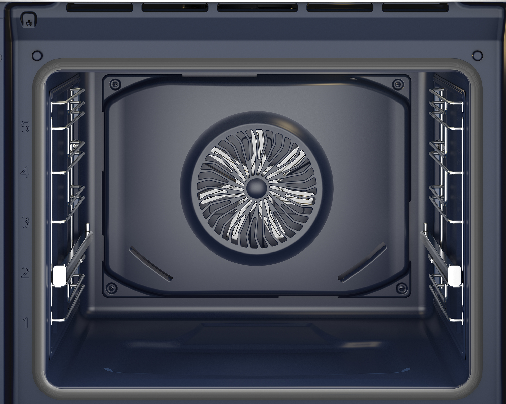 Interno di un forno blu scuro con una ventola sul retro.