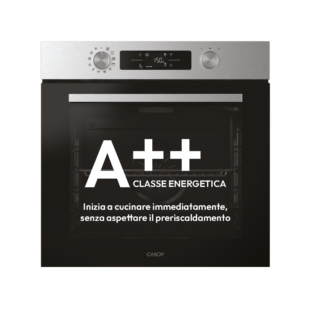Un primo piano di una porta del forno nera con la classe energetica A++ visualizzata in bianco.