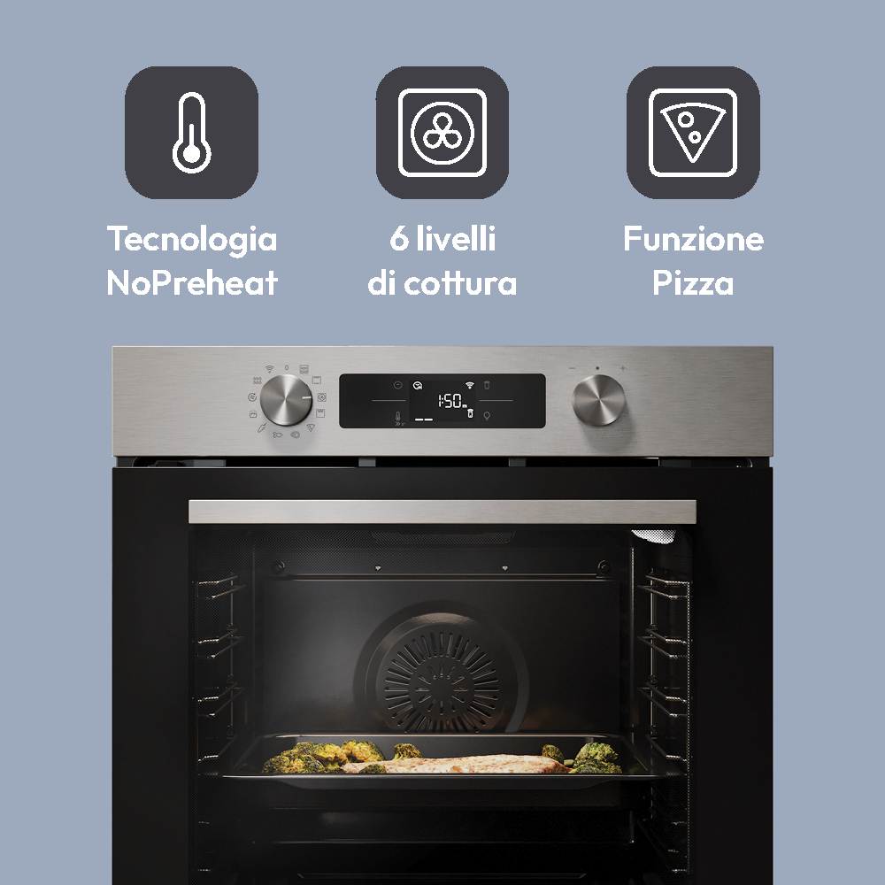 Forno con broccoli e cibo all'interno. Visualizza NoPreheat, 6 livelli di cottura e funzione Pizza.