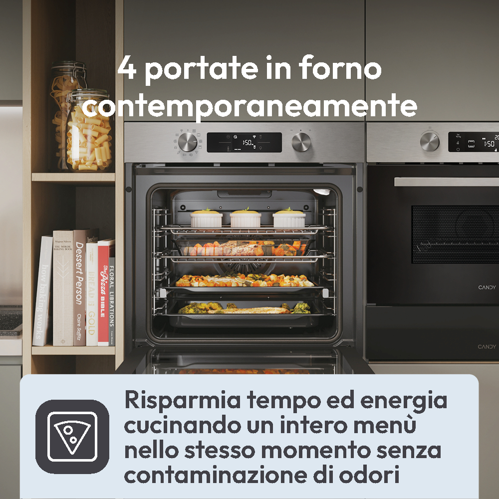 Forno con cibo all'interno, testo in italiano e un forno nero sullo sfondo.