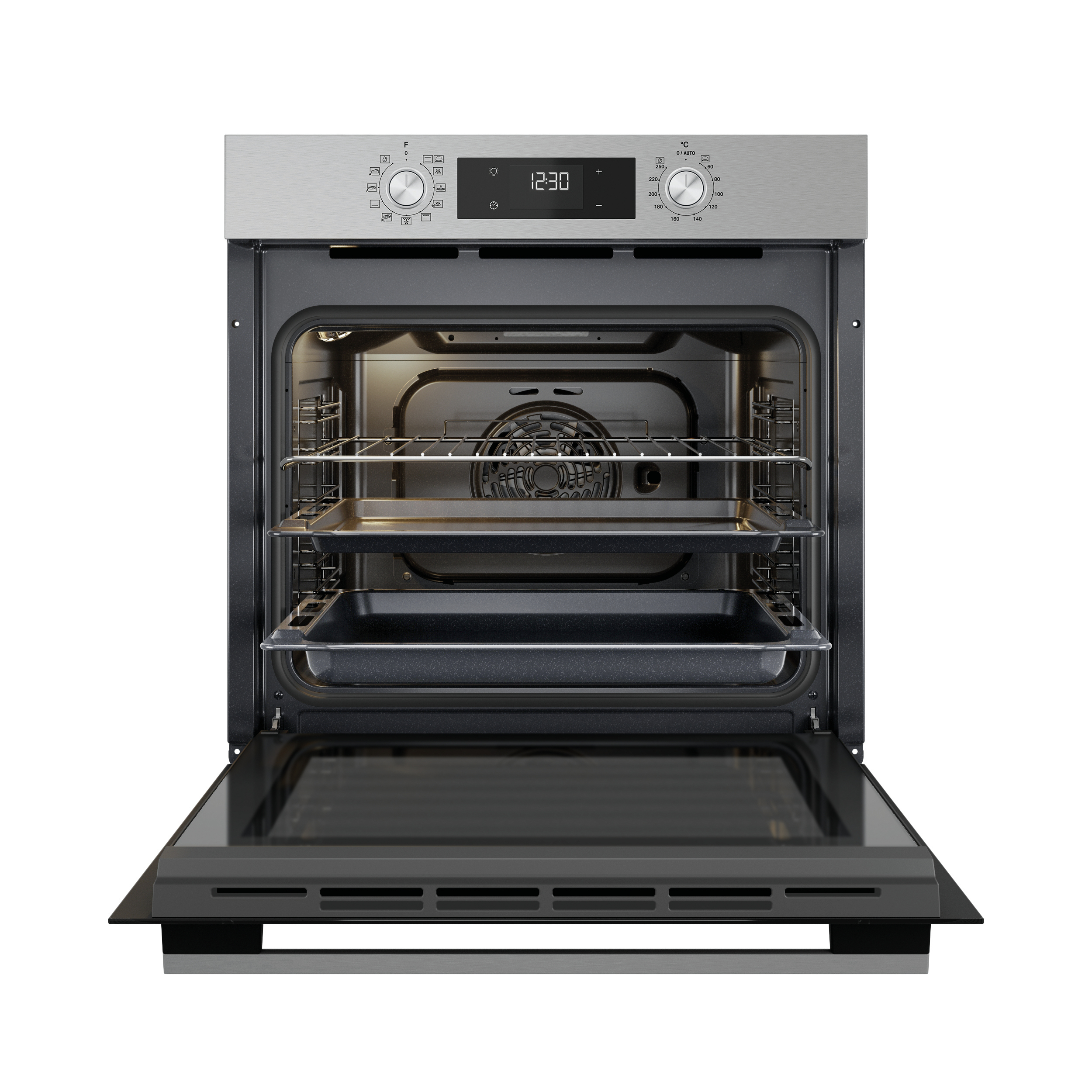 Forno con porta aperta, due griglie e vassoi all'interno.