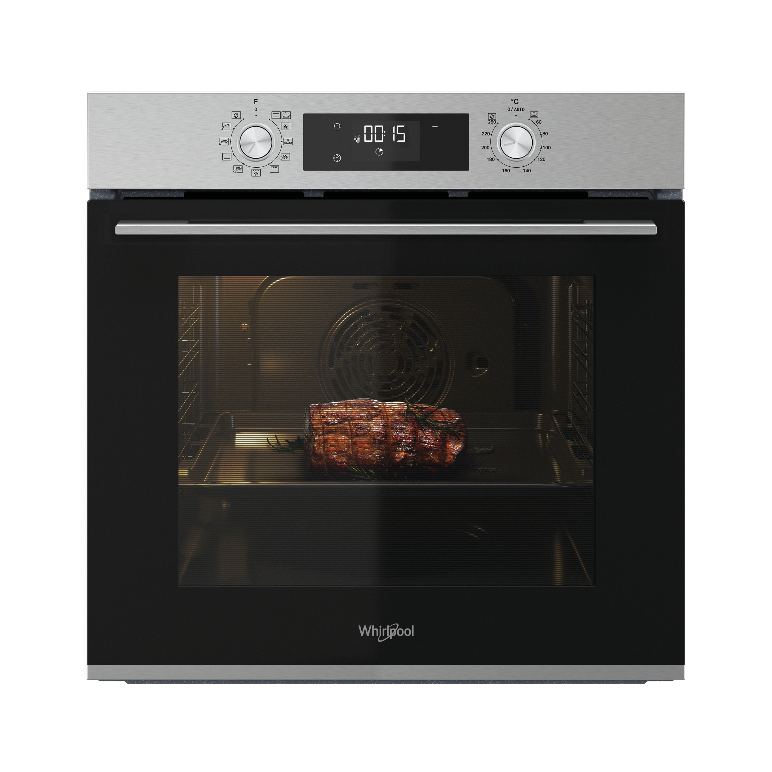 Forno Whirlpool con un arrosto al suo interno. Il display digitale mostra l'ora. Acciaio inossidabile e nero.