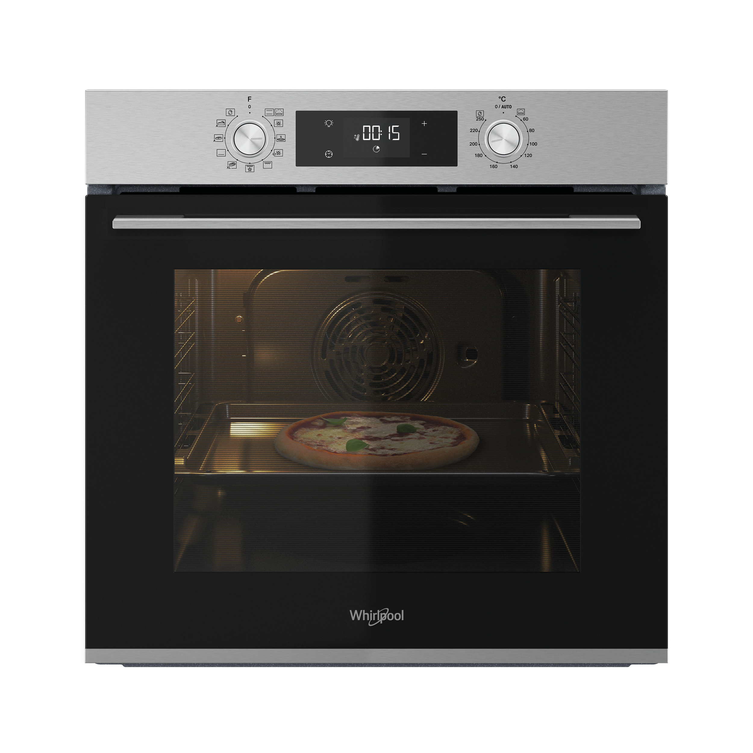 Un forno con pizza all'interno, display digitale che indica 00:15.