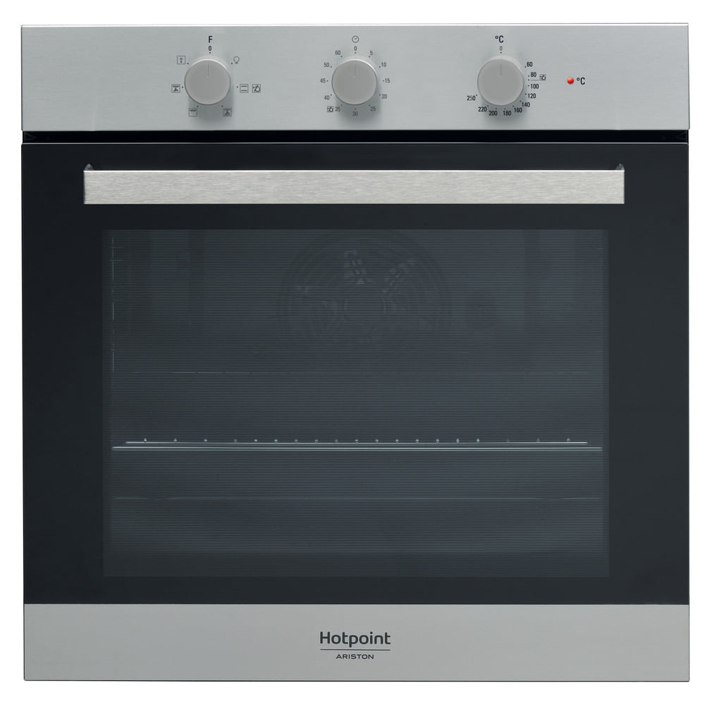Forno argentato con manopole e porta a vetro.