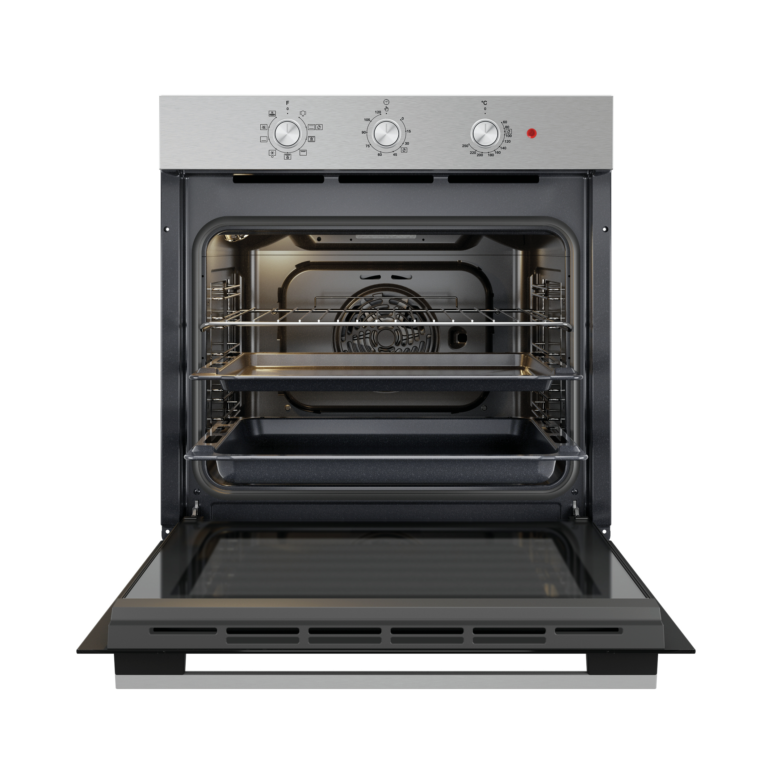 Un forno aperto con due griglie. La porta è aperta e il forno è argento e nero.