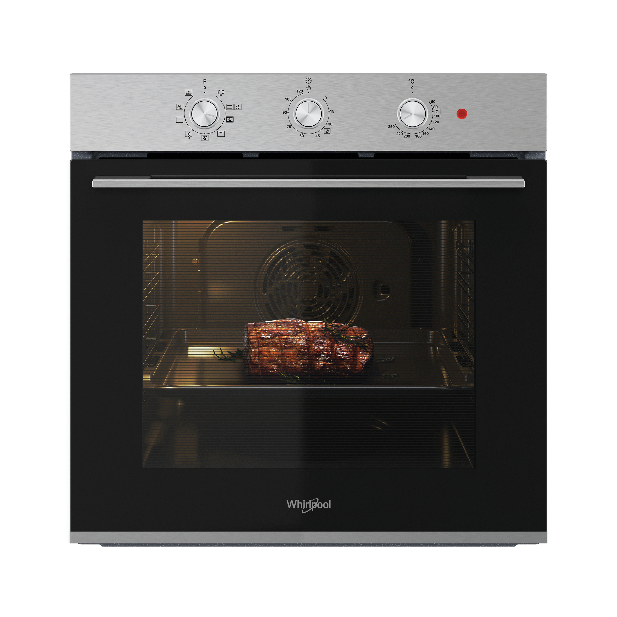 Forno con un arrosto all'interno, visibile attraverso la porta a vetri. Pannello di controllo in alto.
