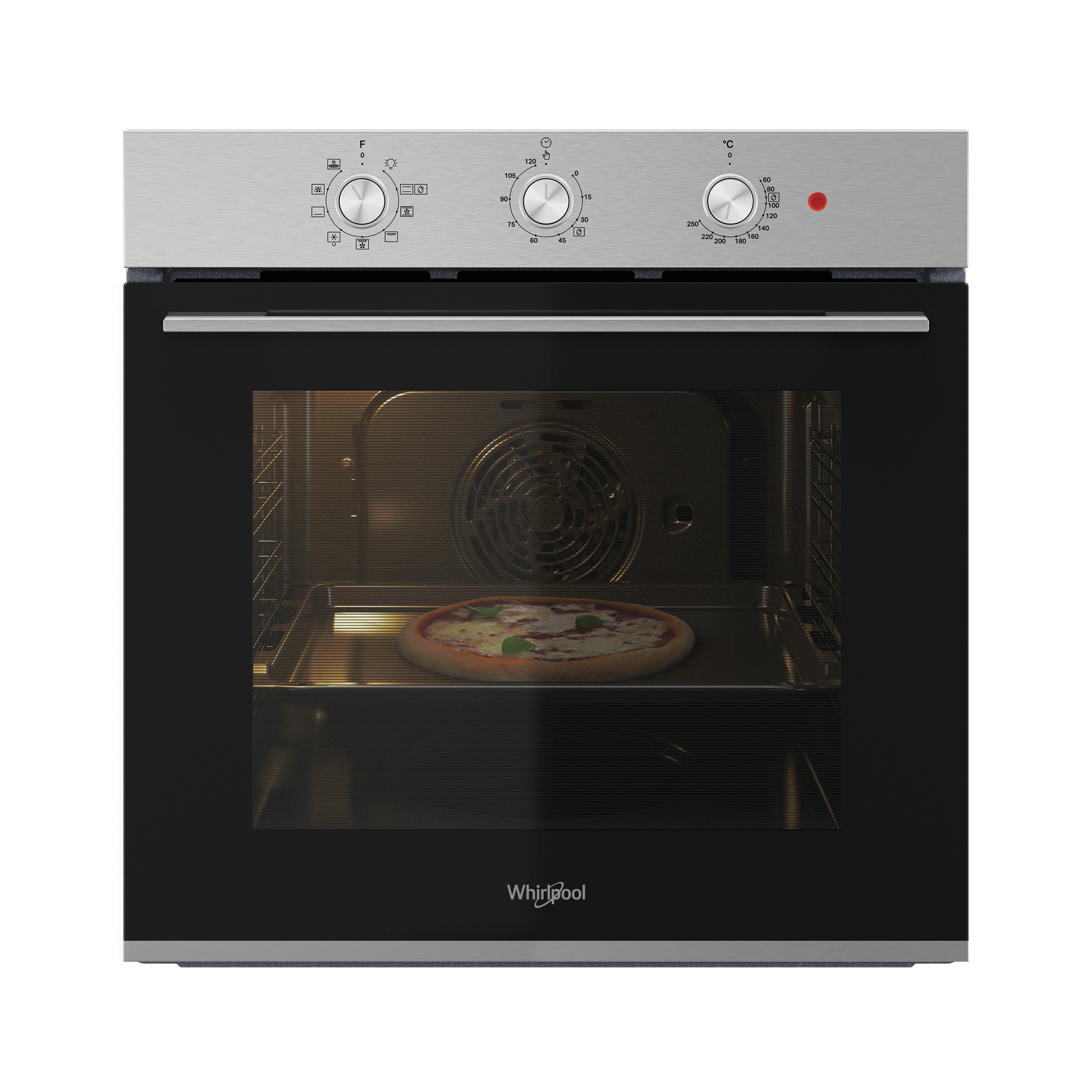 Un forno Whirlpool con pizza dentro, controlli in alto e il logo del marchio visibile.