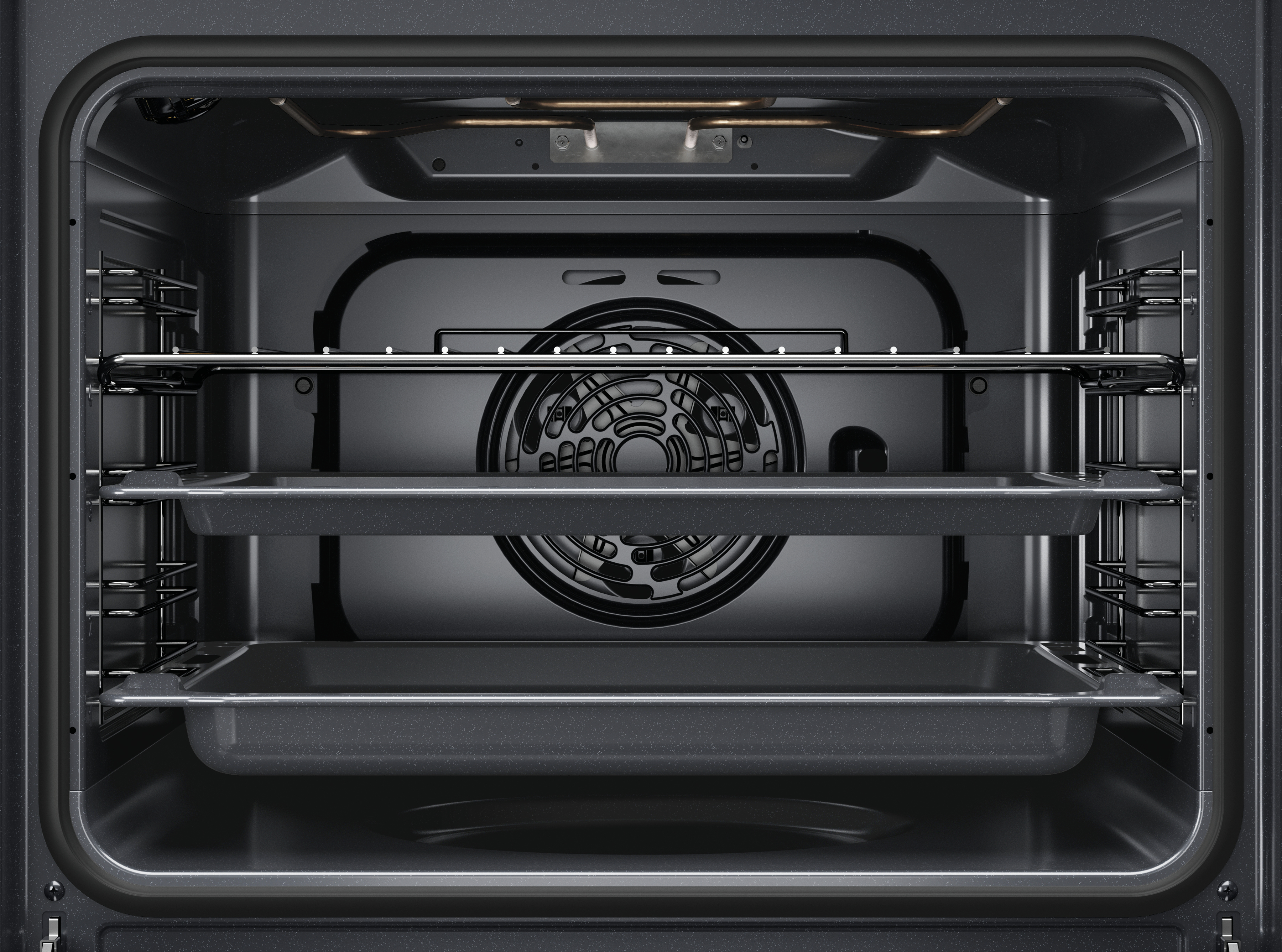 Interno di un forno, che mostra le griglie e l'interno. La parte posteriore ha una ventola e un elemento riscaldante.