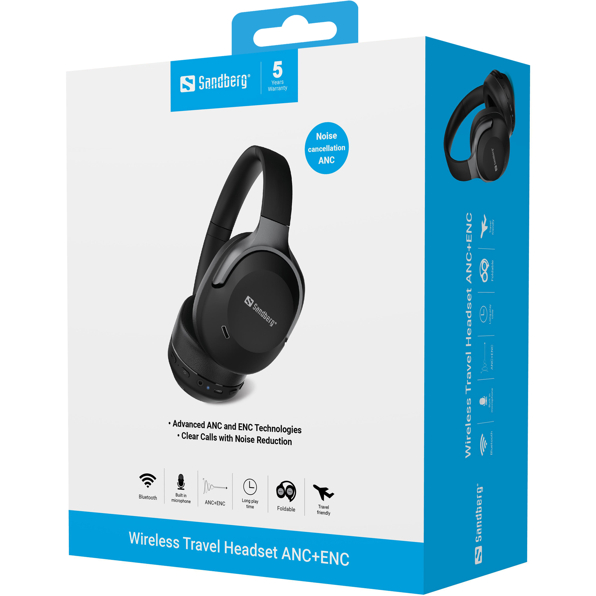 Een doos met een zwarte headset en afbeeldingen. Tekst vermeldt ruisonderdrukking en draadloos reizen.