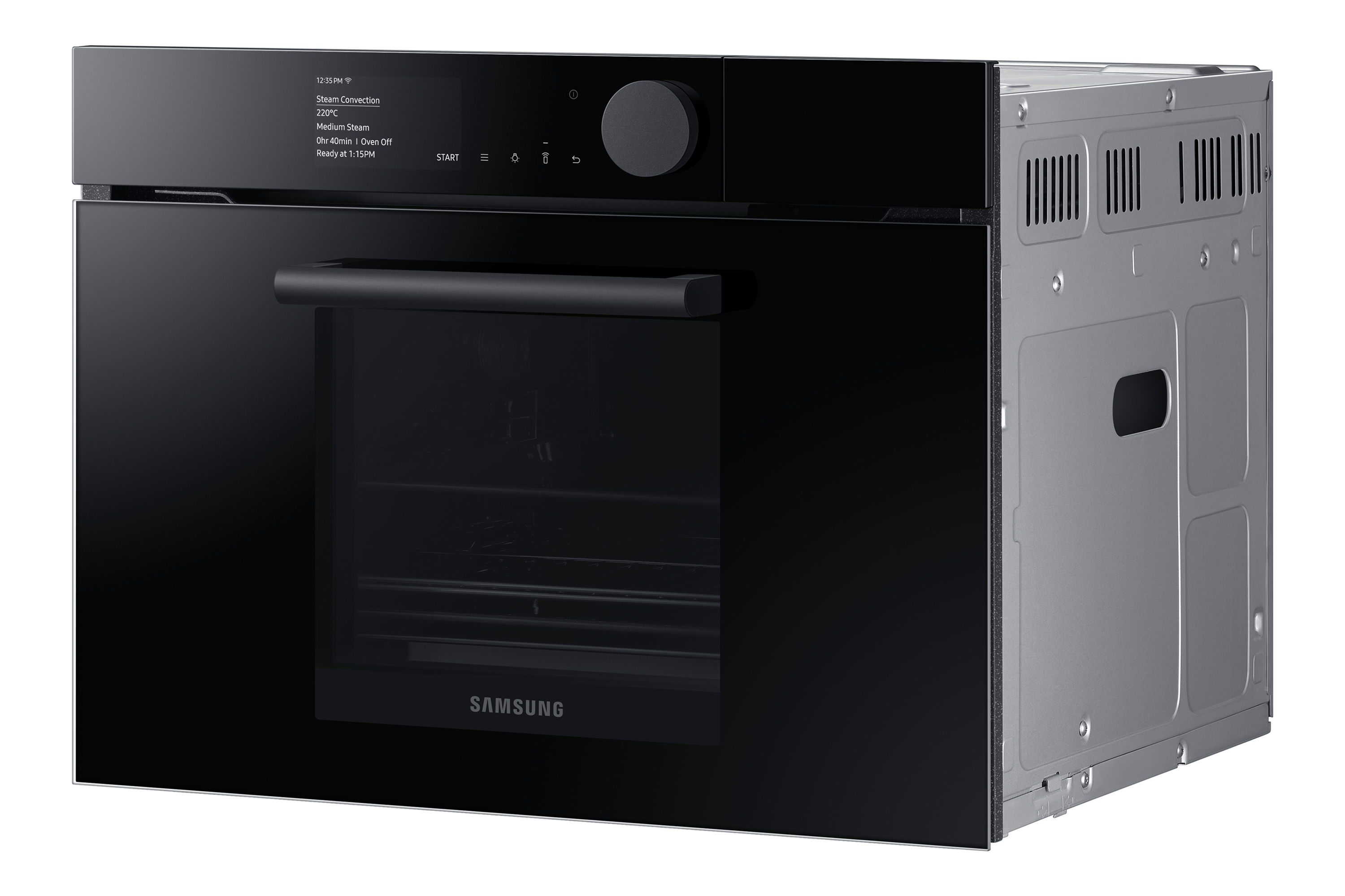 Un forno Samsung nero con display digitale e manopola di controllo in alto a destra.