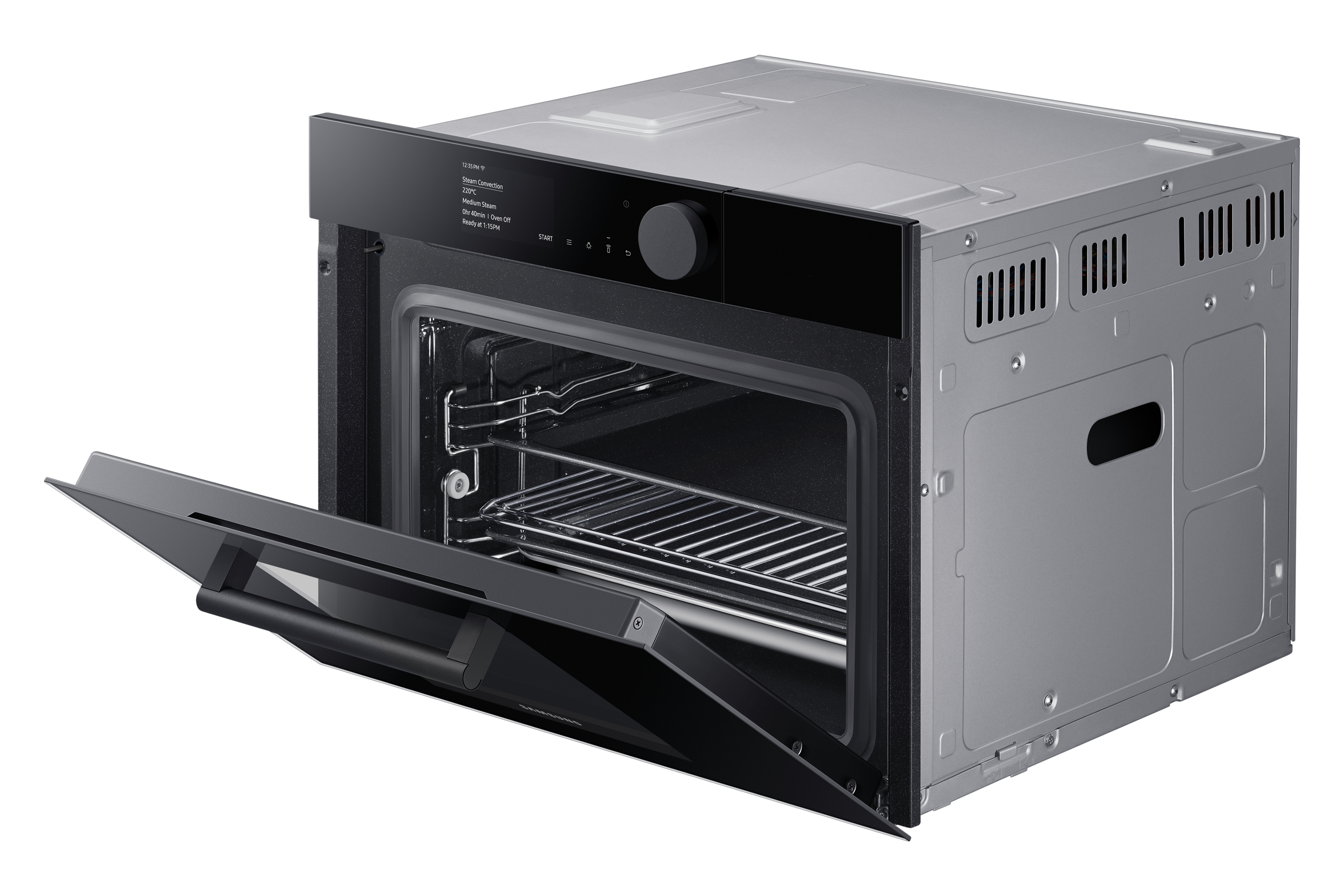 Un forno nero con la porta aperta, che mostra le griglie interne. Un display digitale è visibile.