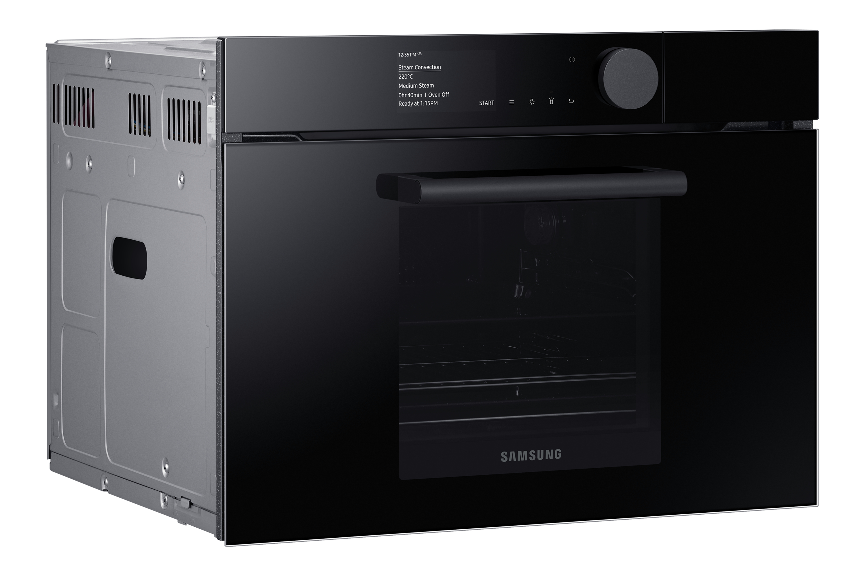 Forno Samsung nero moderno con display digitale, maniglia e manopola di controllo, prese d'aria laterali visibili.