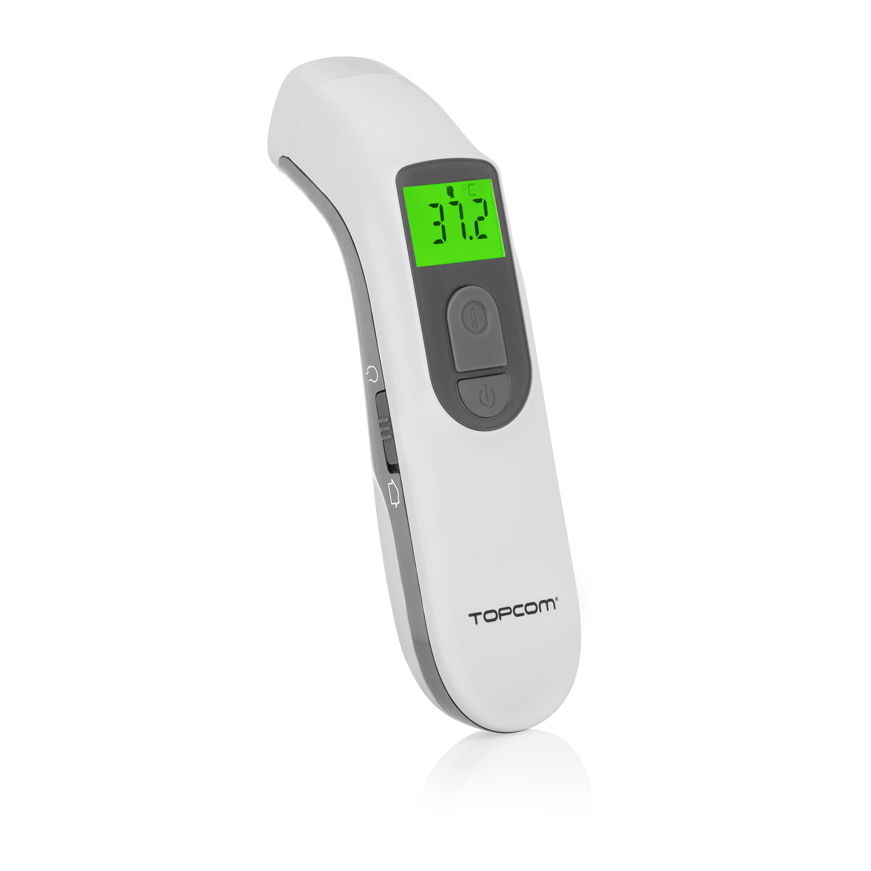 Weißes Infrarot-Thermometer mit grüner Anzeige, die 37,2 anzeigt. Graue Knöpfe und ein schwarzer Markenname.