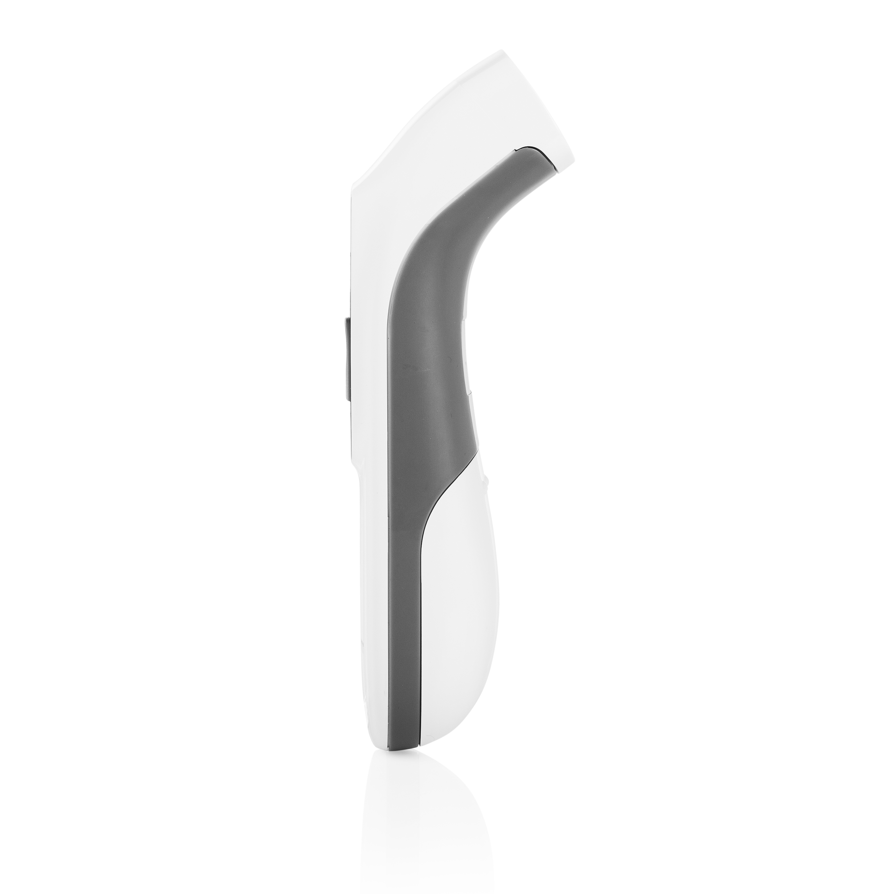 Weißes und graues Thermometer. Ergonomisches Design mit Seitenansicht.