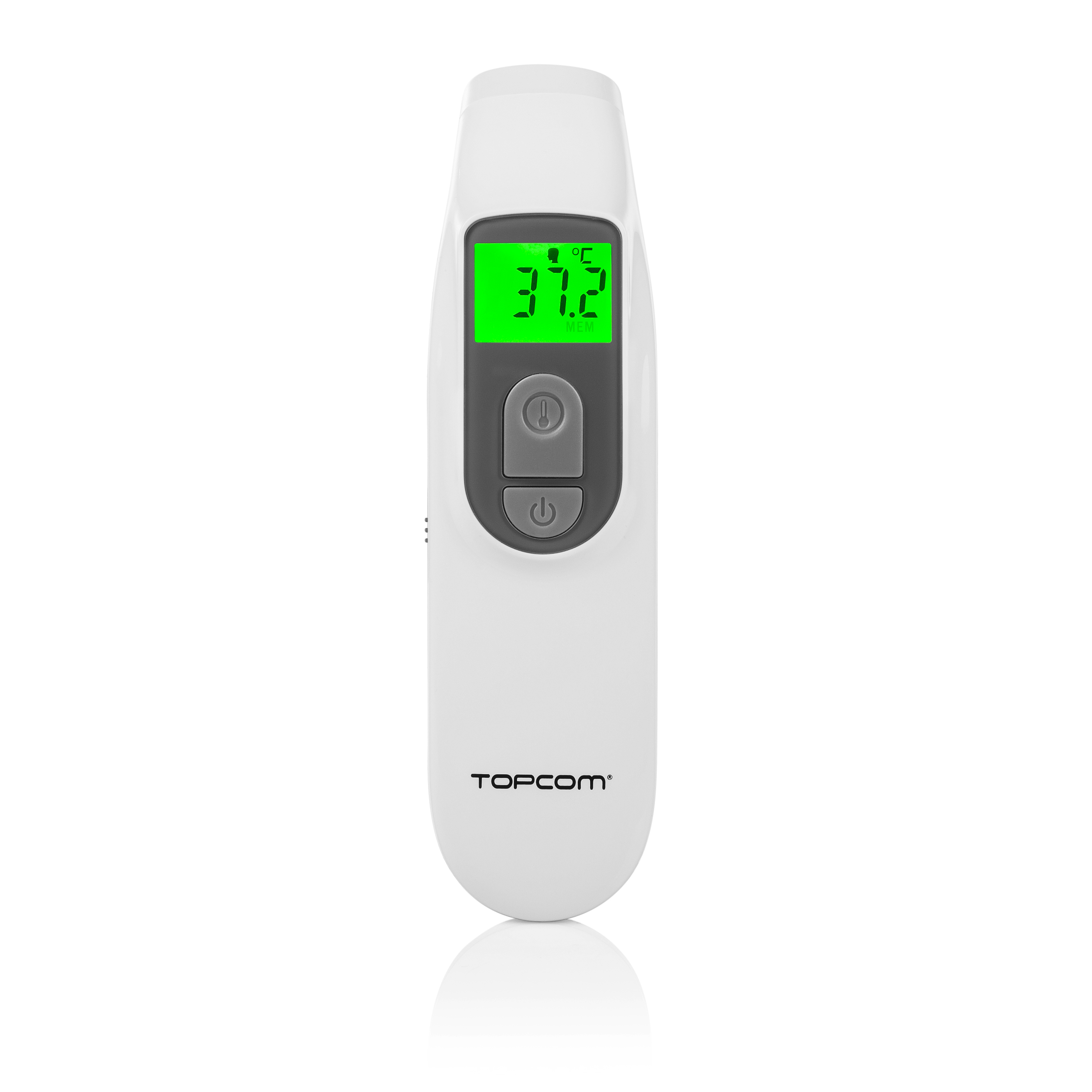 Weißes und graues Infrarot-Thermometer mit grünem Display, das 37,2°C anzeigt.