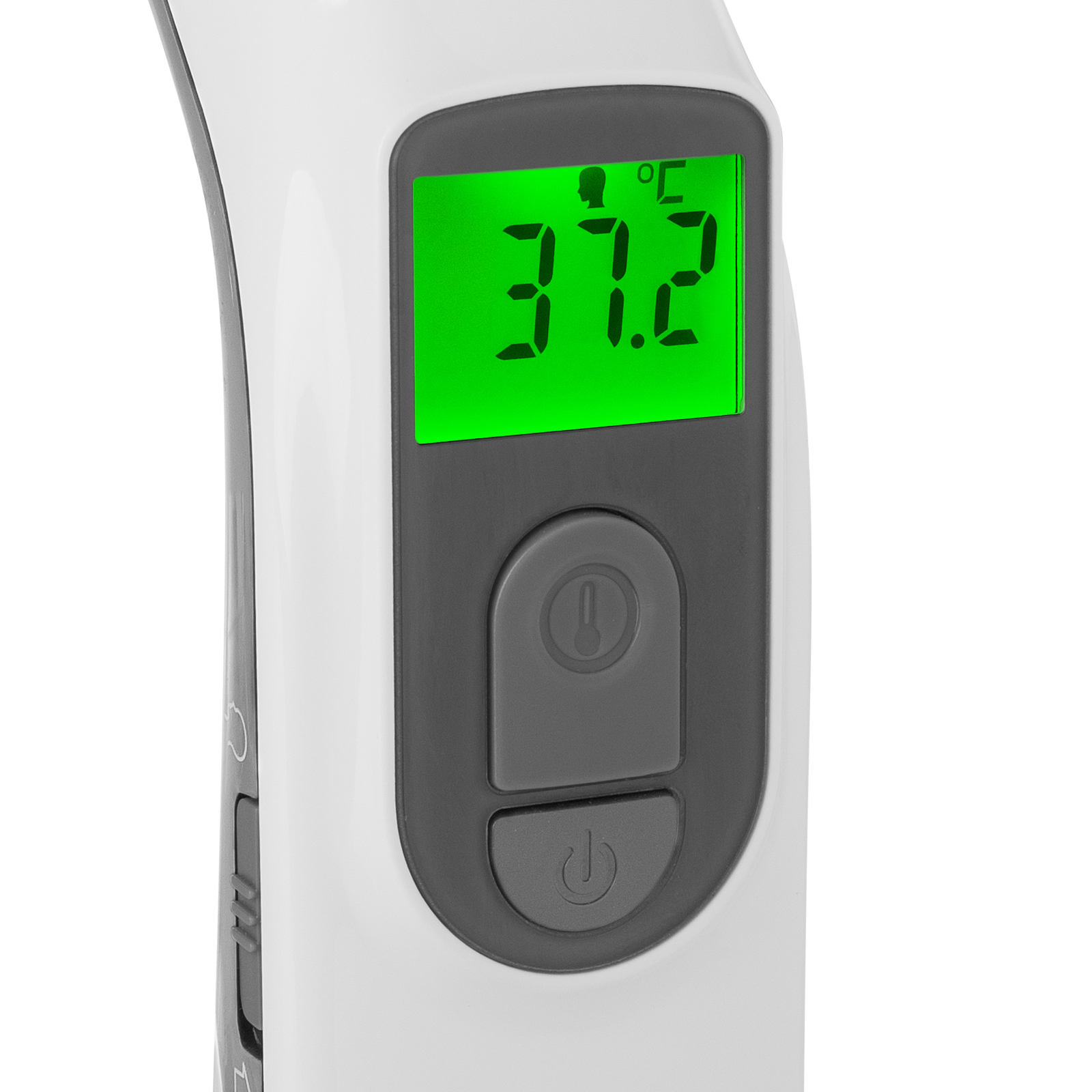 Digitales Thermometer mit grüner Anzeige, die 37,2 Grad Celsius anzeigt.