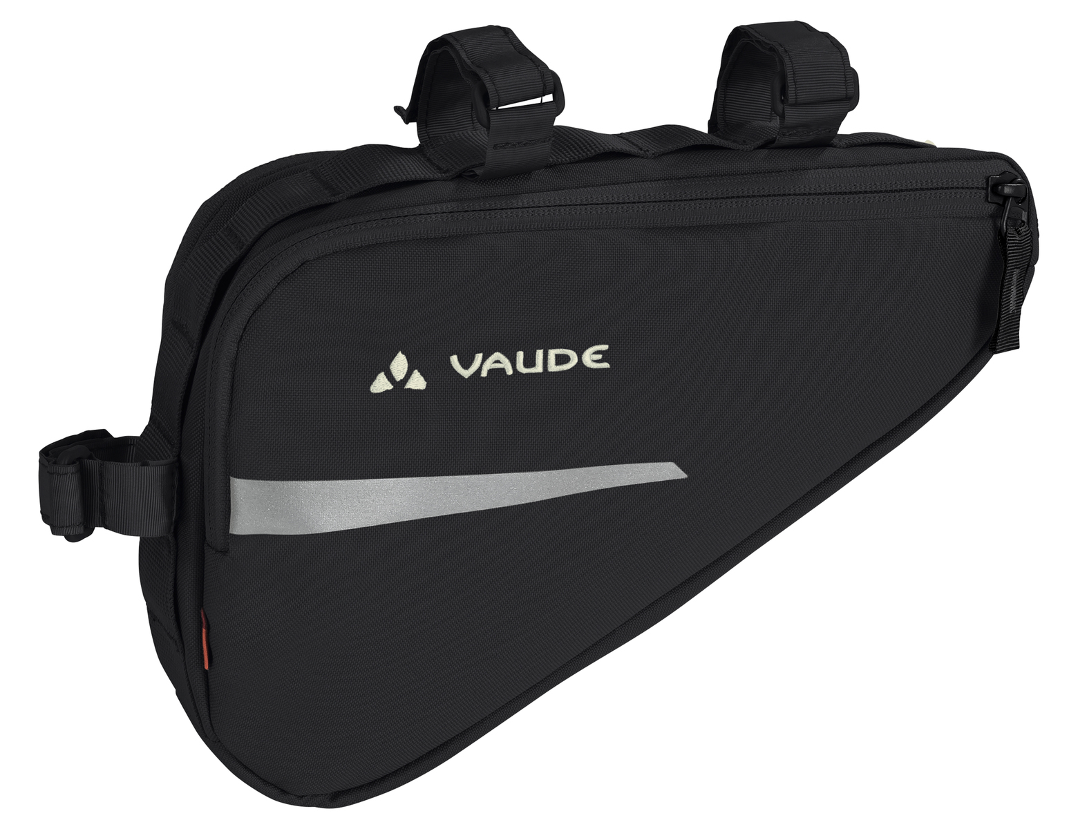 Eine schwarze Vaude-Fahrradtasche mit silbernem Reflexstreifen. Der Hintergrund ist weiß.