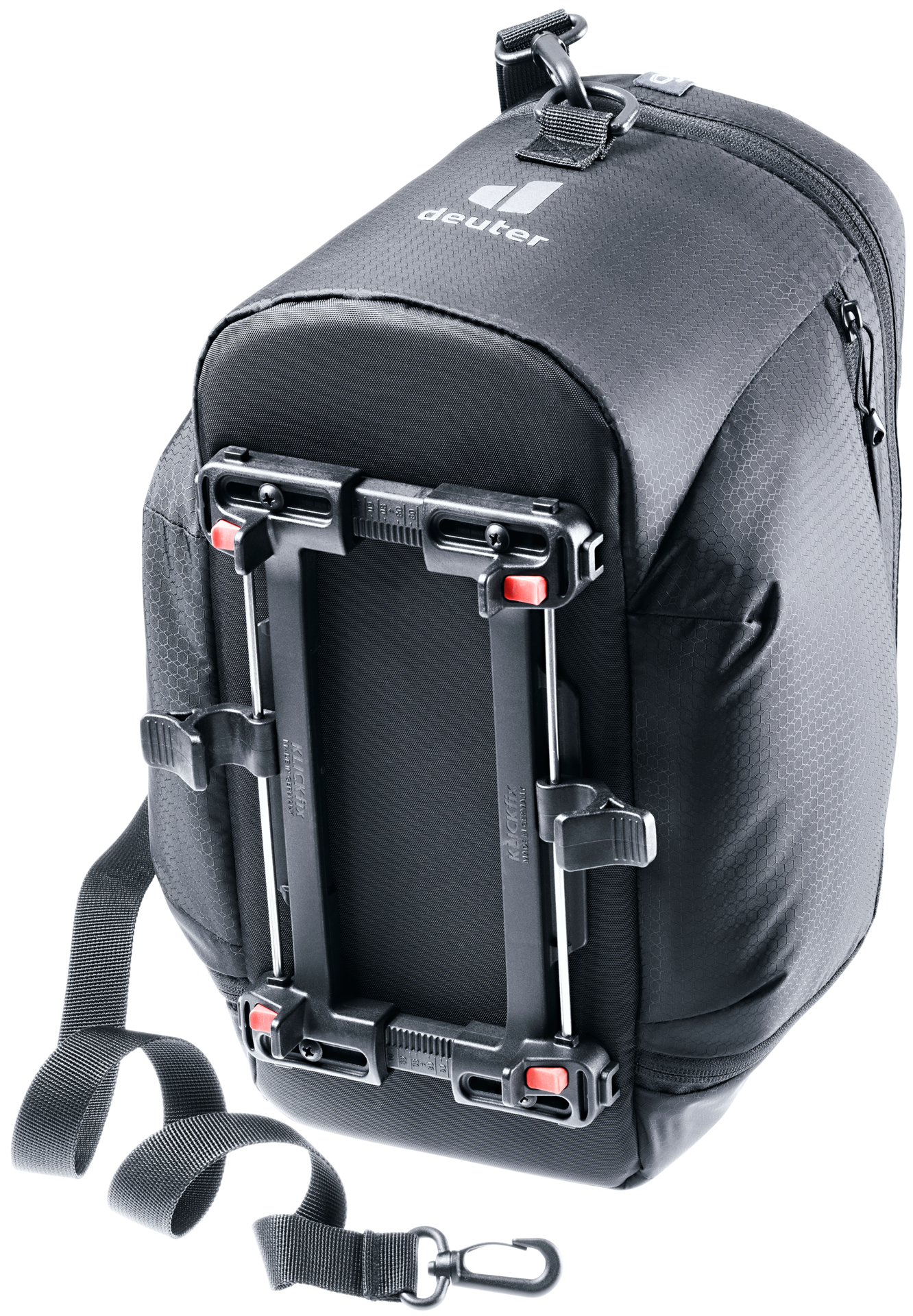 Schwarze Deuter Fahrrad-Packtasche mit Befestigungssystem, Seitenriemen und Schultergurt.