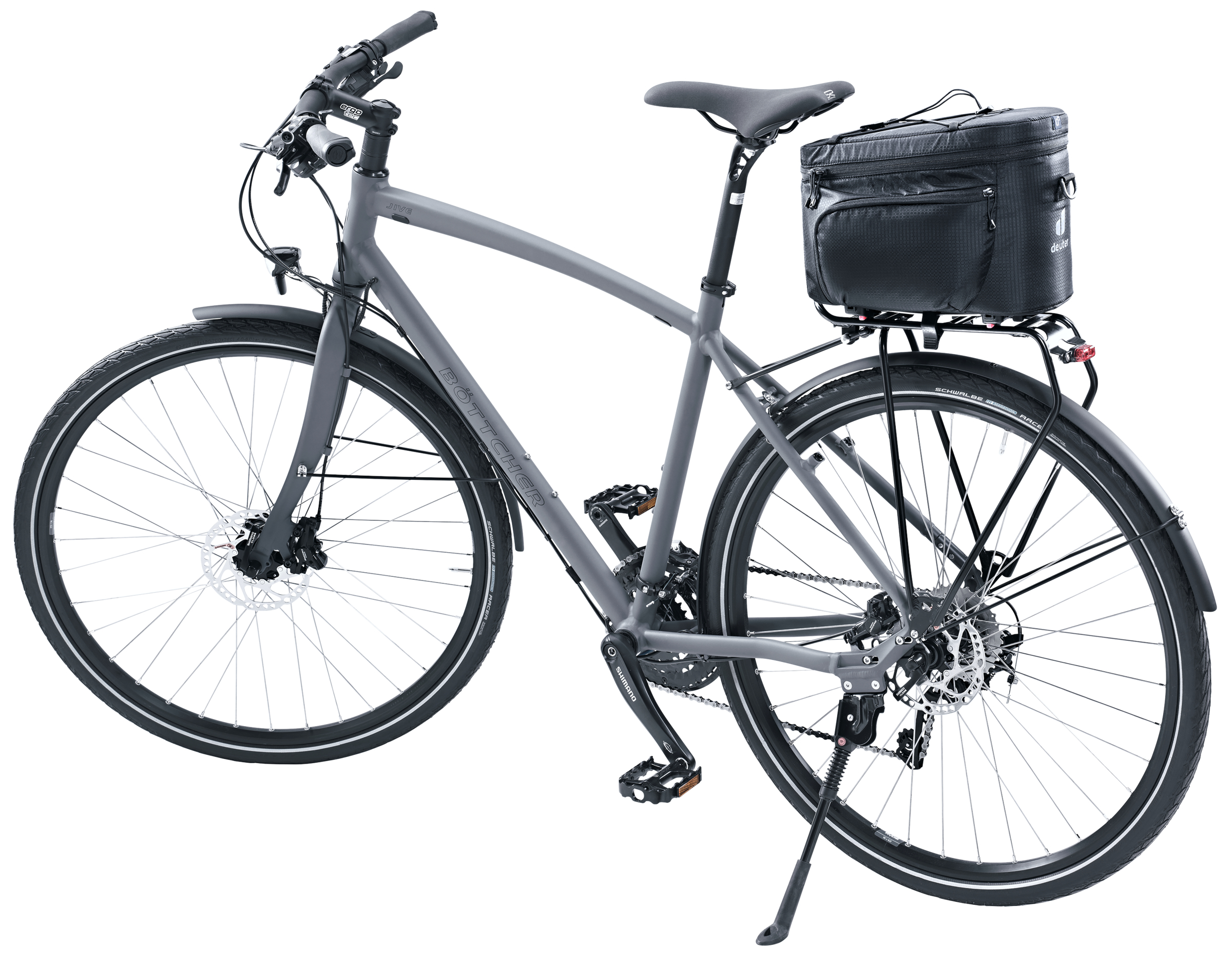 Graues Fahrrad mit schwarzer Tasche hinten. Das Fahrrad hat einen Gepäckträger, Schutzbleche und einen Ständer. Weißer Hintergrund.