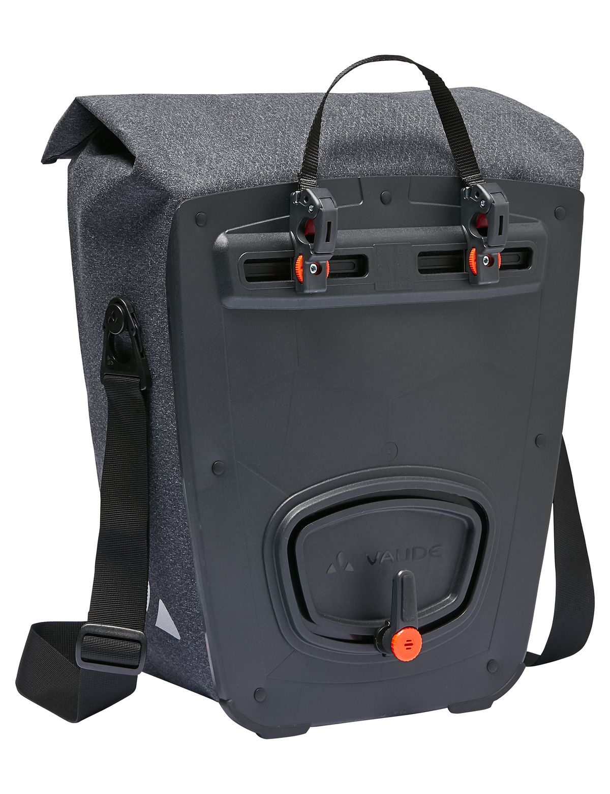 Schwarze und graue wasserdichte Fahrradtasche mit Schultergurt und Vaude-Logo.