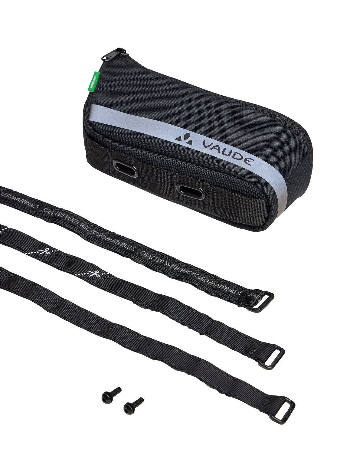 Czarna torba rowerowa Vaude z paskami i śrubami. Torba znajduje się na białym tle.