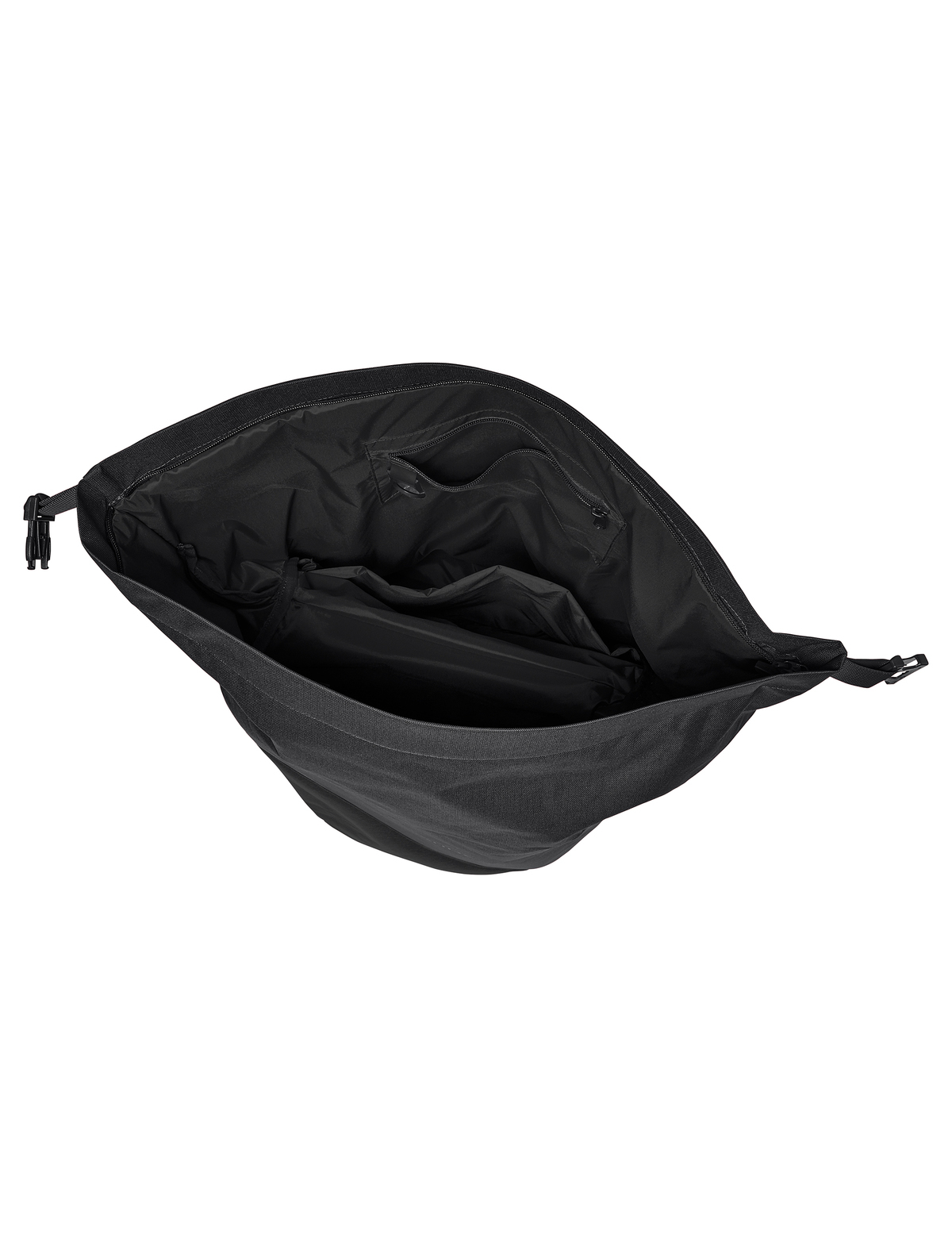 Otwarta, czarna torba sucha z widocznymi wewnątrz przegrodami.