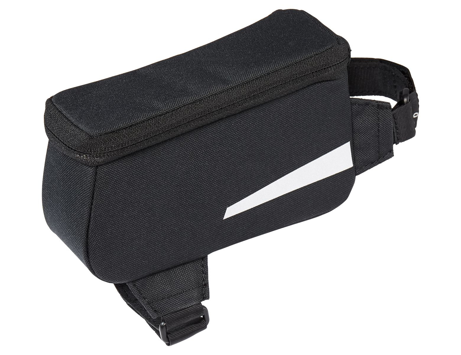 Mała, czarna torba rowerowa z białym paskiem i zamkiem błyskawicznym. Posiada paski do montażu.