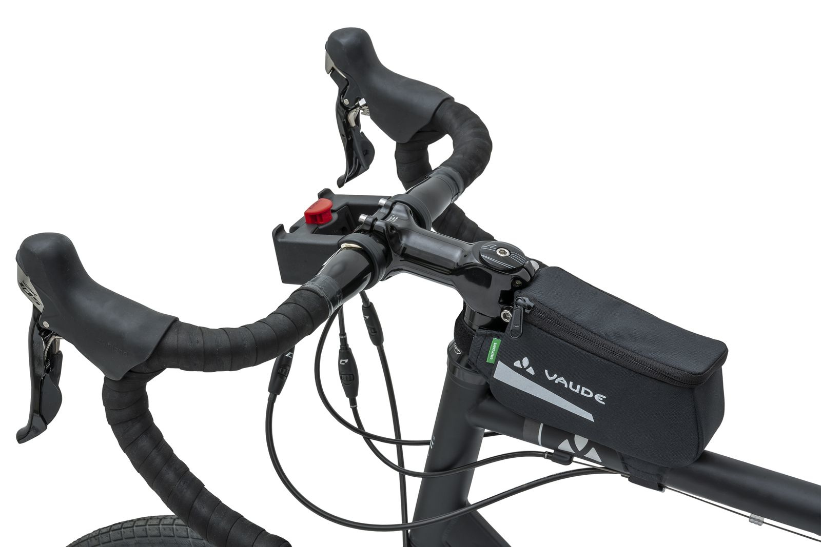 Kierownica roweru z dołączoną czarną torbą Vaude.