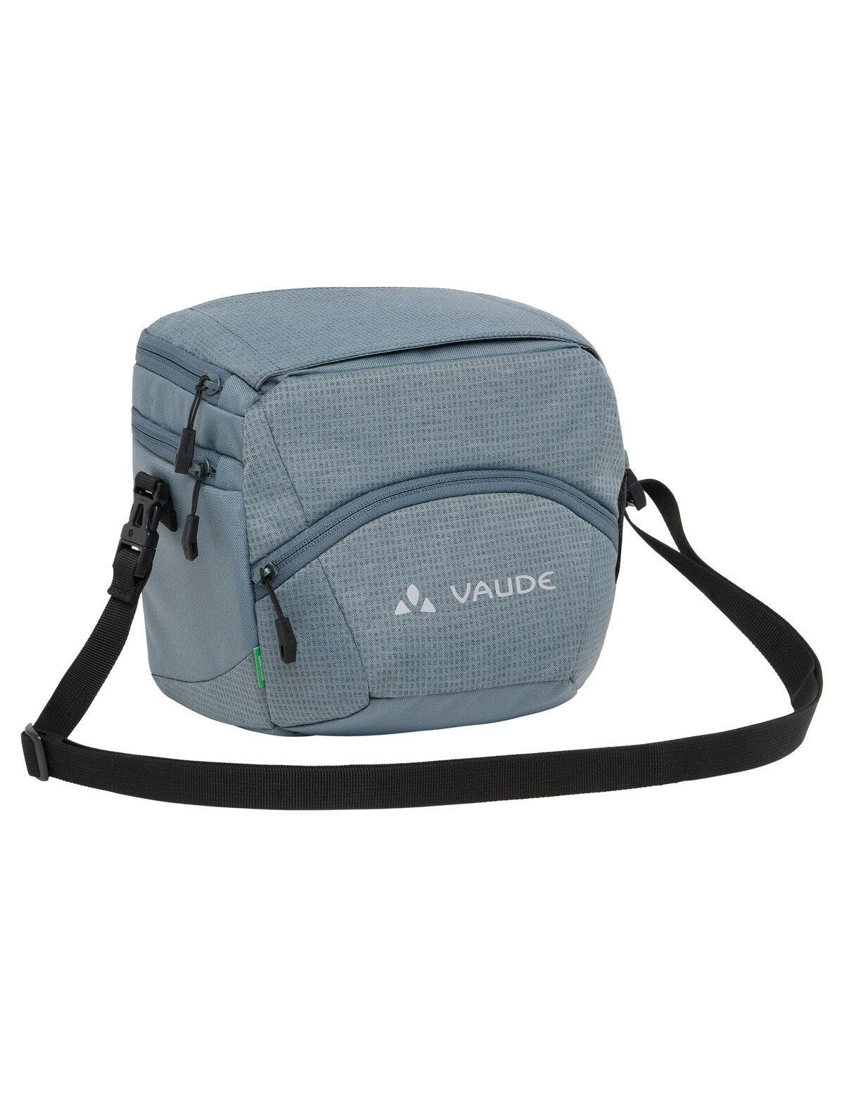 Blaue Umhängetasche mit Vaude-Logo und schwarzem Riemen.