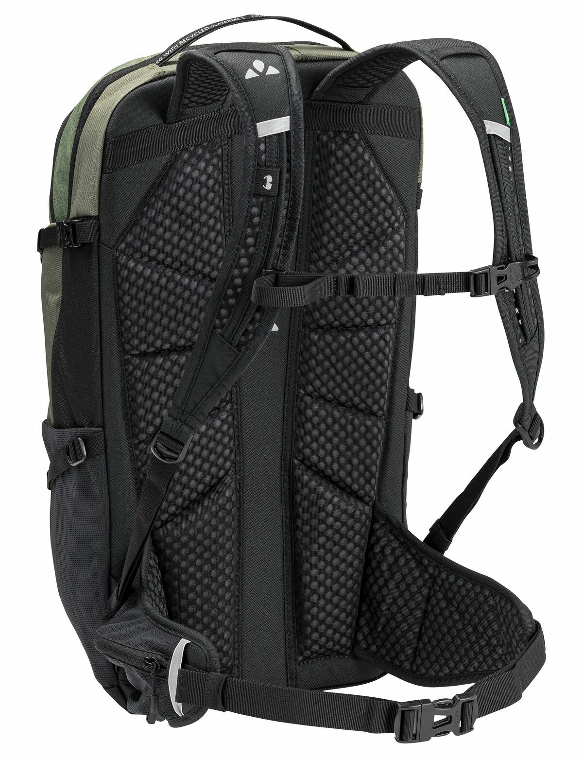 Rucksack mit schwarzen und grünen Farben und mehreren Riemen.