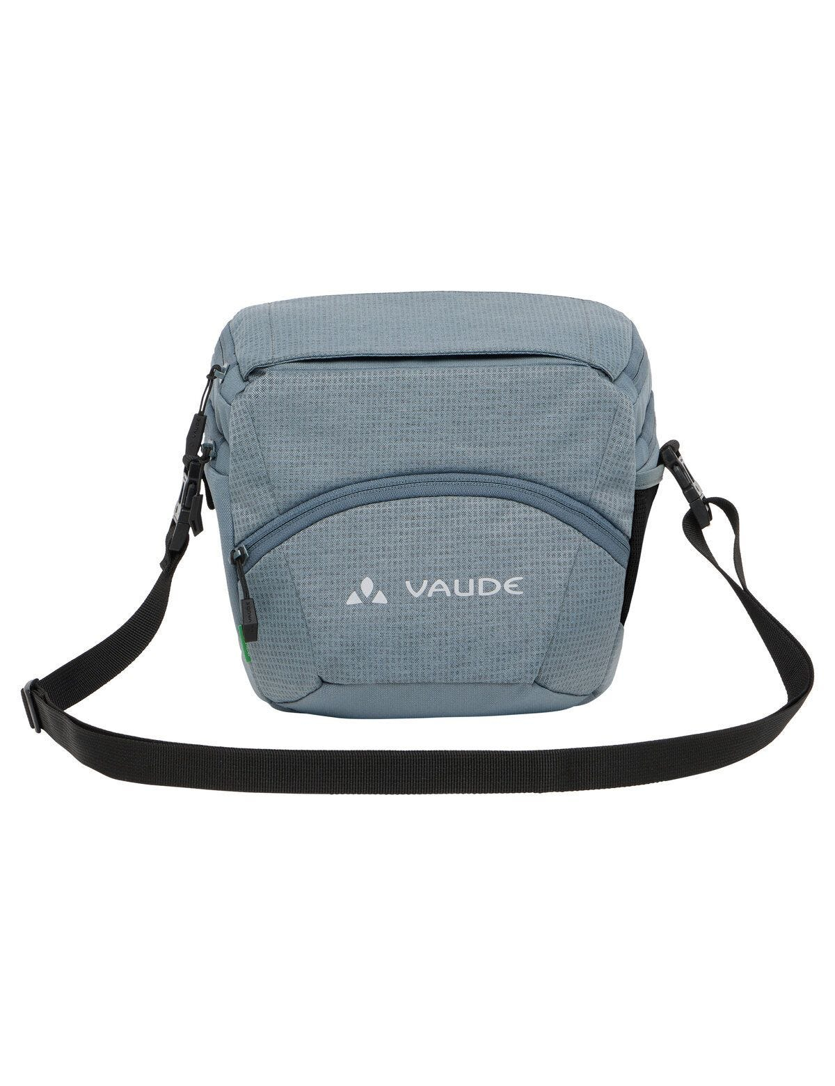 Hellblaue Vaude Umhängetasche mit schwarzem Riemen und Vaude-Logo.