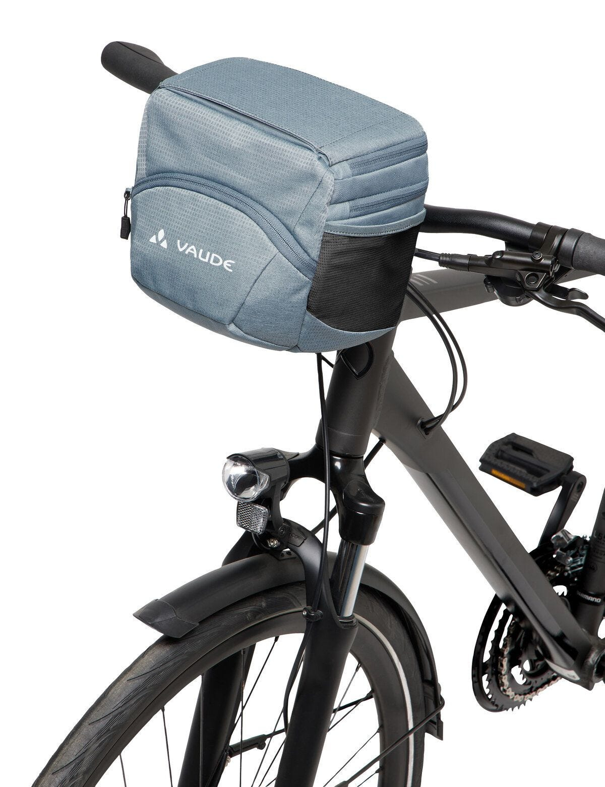 Ein Fahrradlenker mit einer grauen Vaude-Tasche. Ein Licht und ein Schutzblech sind ebenfalls sichtbar.