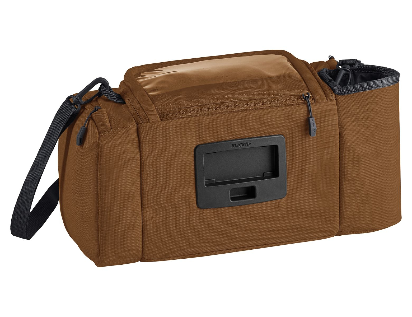 Braune Lenkertasche auf weißem Hintergrund, mit durchsichtigem Oberteil.