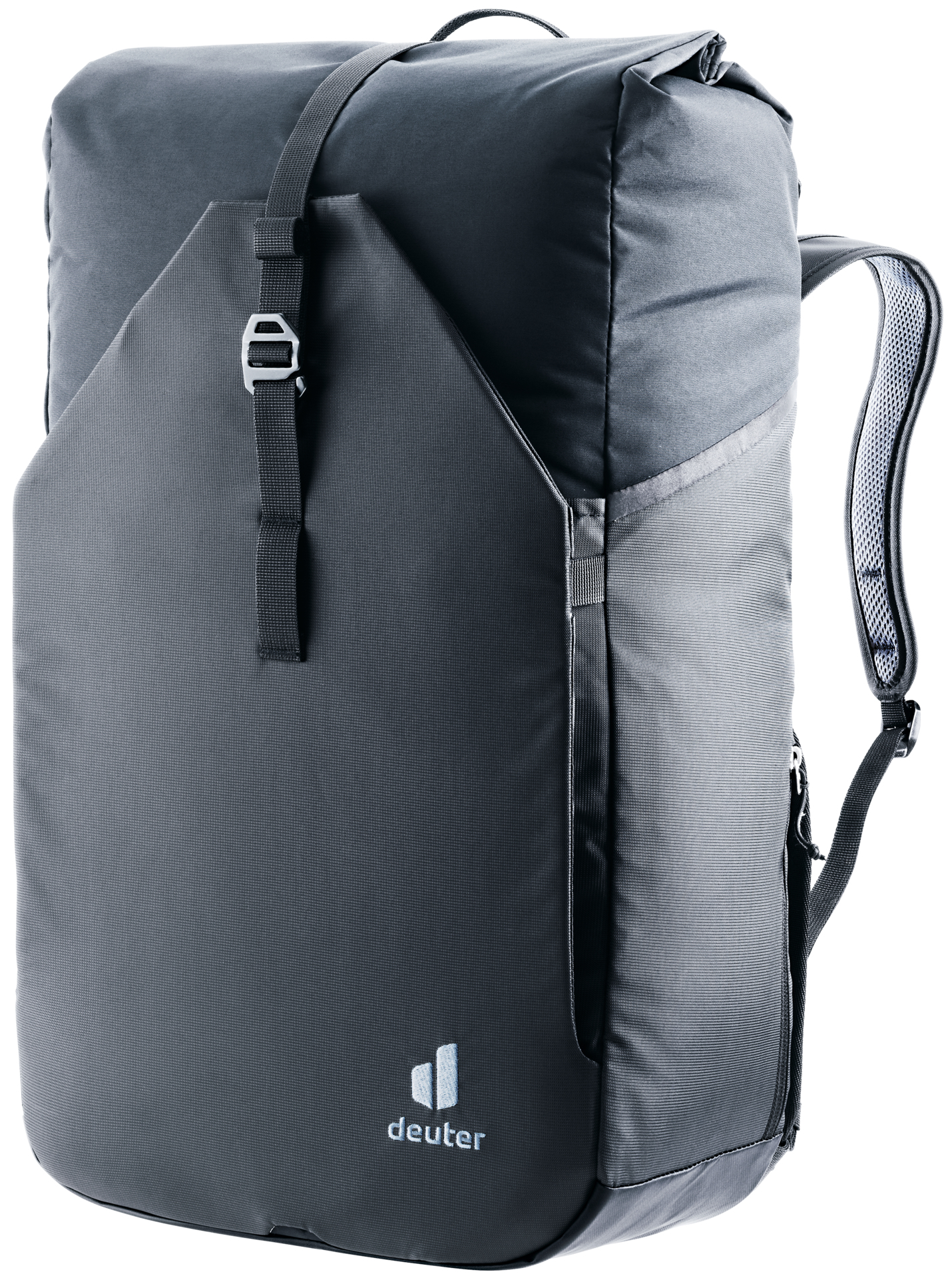 Grauer Rucksack mit schwarzen Details, Seitenansicht, auf Weiß, mit einem einzigen Riemen und einer Schnalle.