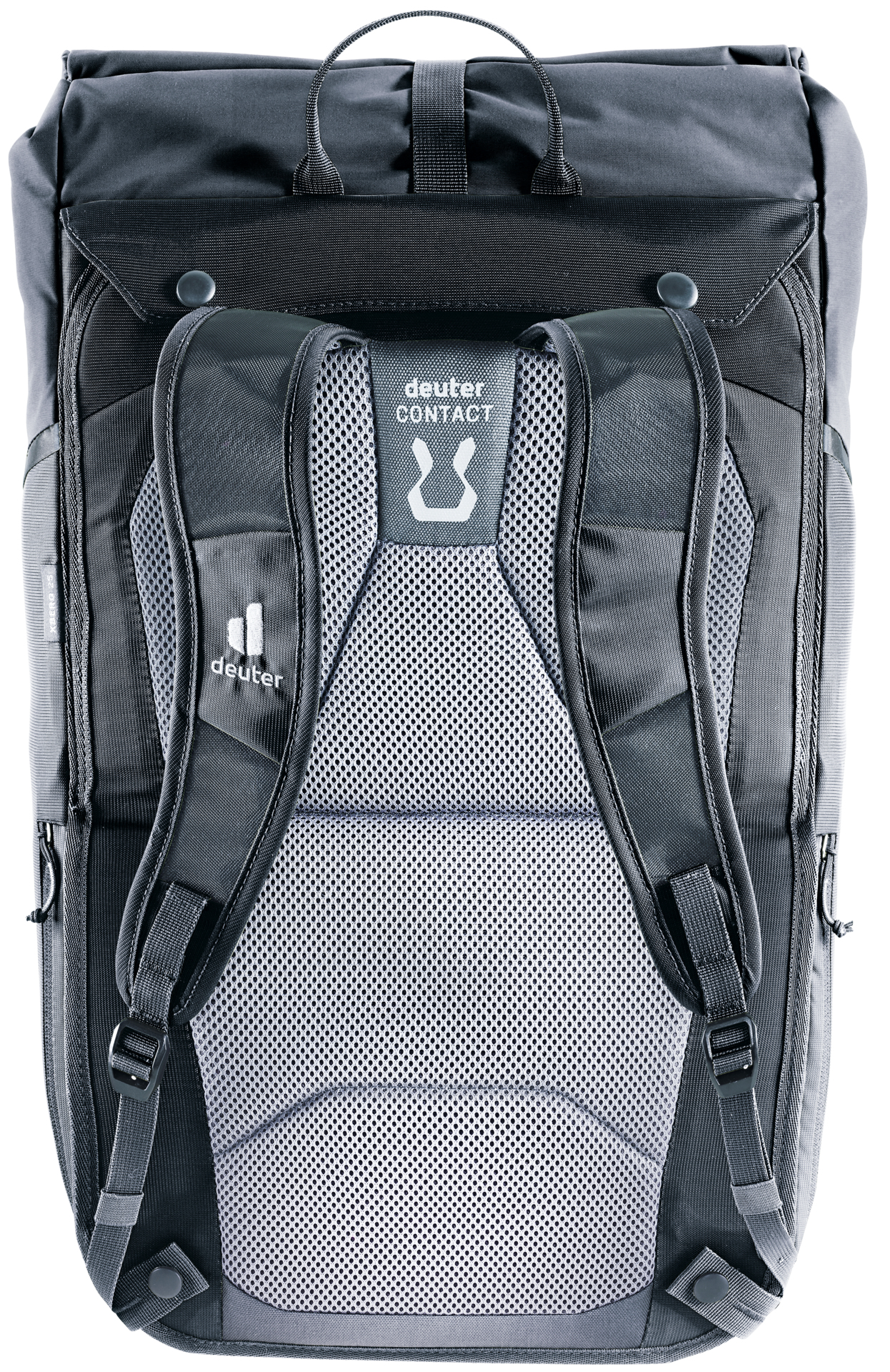 Schwarzer Rucksack mit gepolstertem Rücken und Schultergurten. Mit Deuter-Logo.