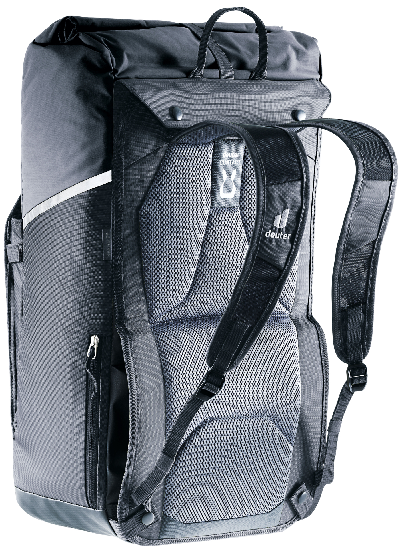 Dunkelgrauer Rucksack mit Mesh-Rückenteil und Schultergurten. Deuter-Markenlogo sichtbar.