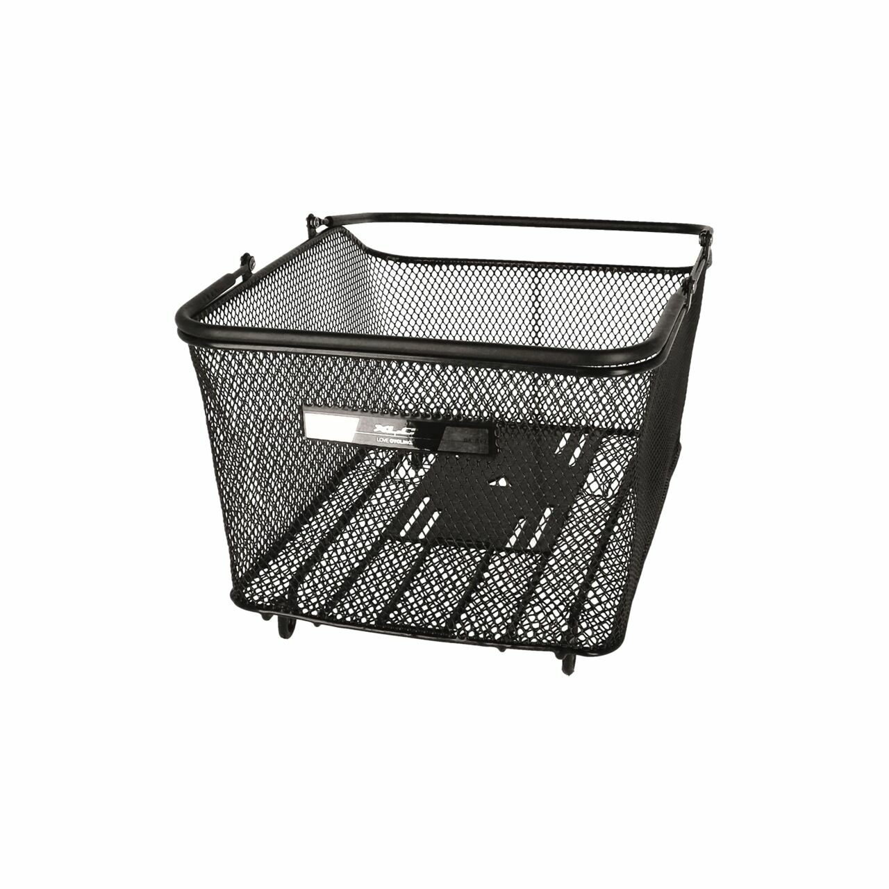 Czarny metalowy kosz rowerowy z siatkowym wzorem, na białym tle.