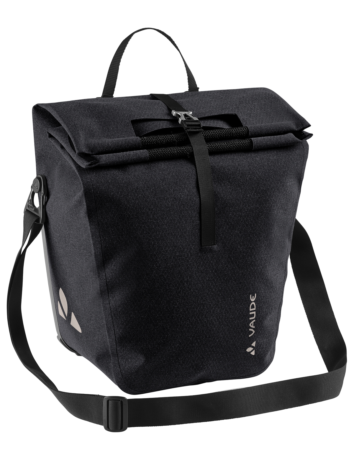 Schwarze Vaude-Fahrradtasche mit Klappe und Schultergurt.