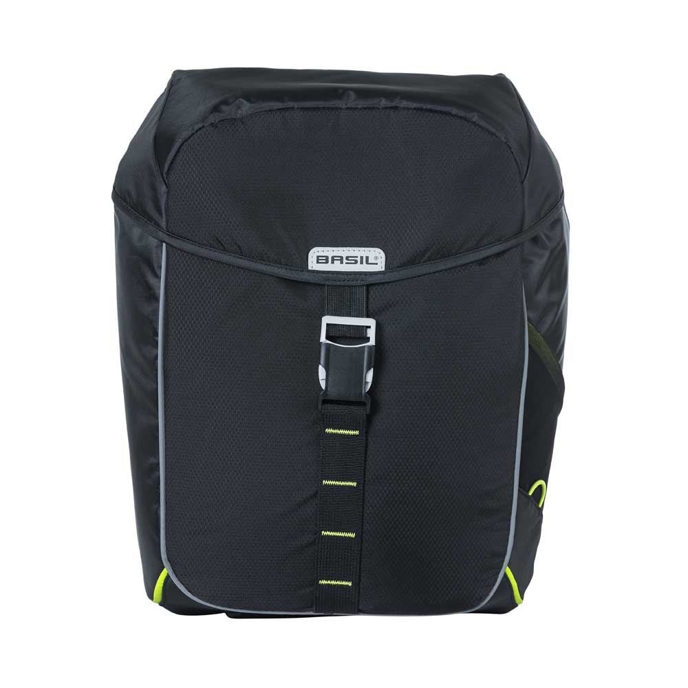 Czarna sakwa rowerowa z odblaskowymi akcentami i klamrą.